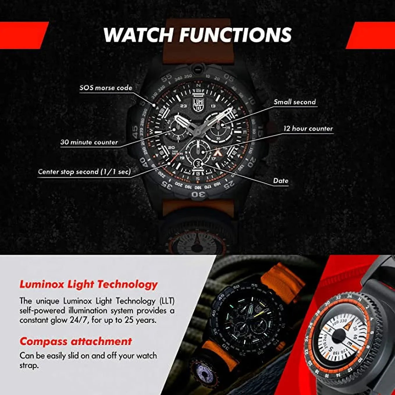Stainless M Master 3749: Luminox Grylls Survival Series 45mm Bear - Swiss Black/Orange Watch Water Steel Mens Made Resistance 300