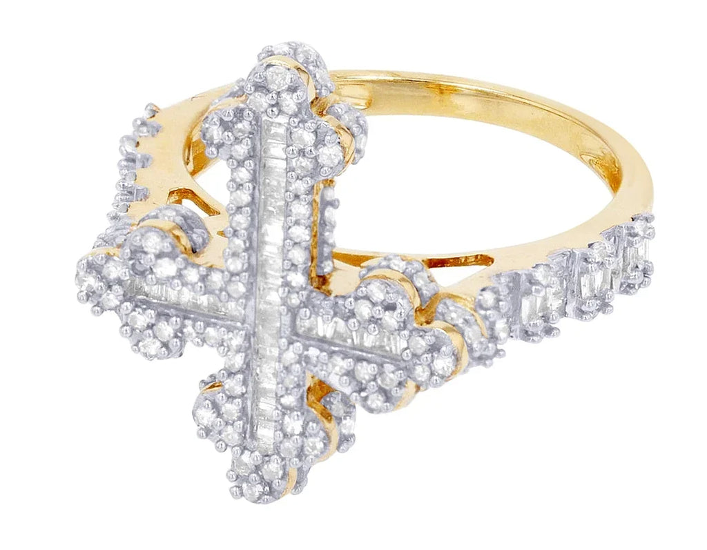Diamond 0.875 Cross Gold Ring 10K Baguette CT Yellow-White