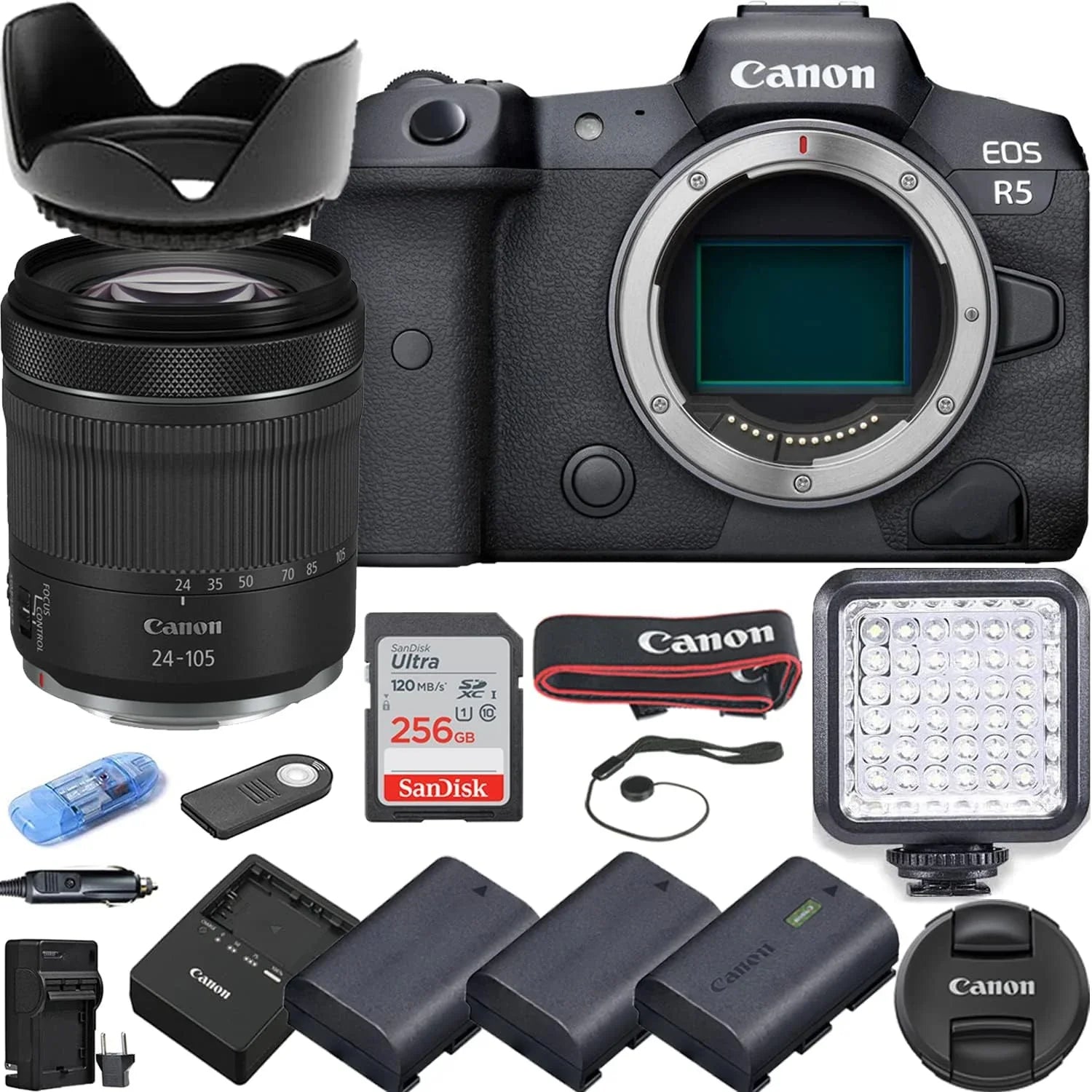 High 256Gb Light, IS Camera Batteries, Card EOS LED 3 + Camera with Mirrorless 24-105mm Memory RF Lens, f/4-7.1 Speed STM Kit Bundle R5 Accessories Canon for