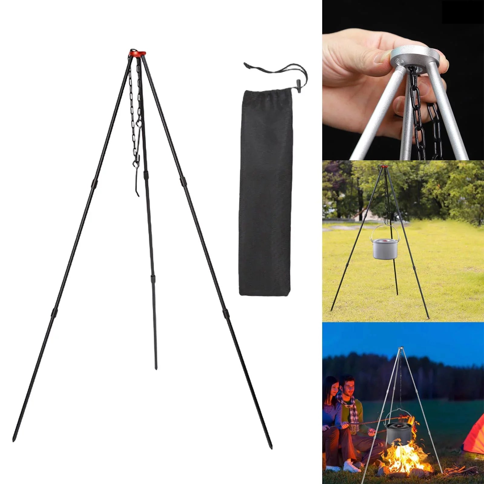 Accessory Portable with ing Campfire Cooking Adjustable Outdoor Camping Black Tripod, Pot Picnic Cookware , Grill Tripod Aluminum Stand