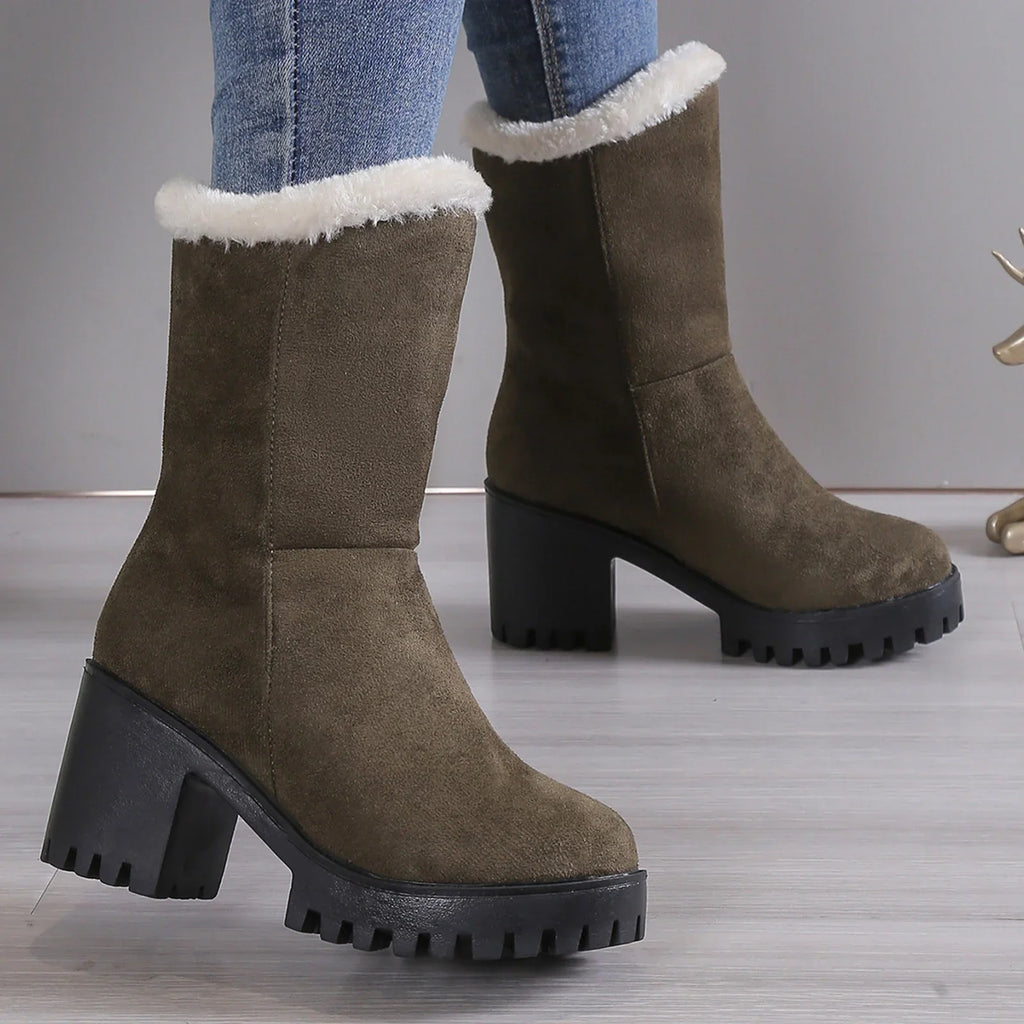 High Wide Warm Heel Hiking Thick Winter Plush Womens Suede Fashion Solid Boots Cotton Ladies Boots