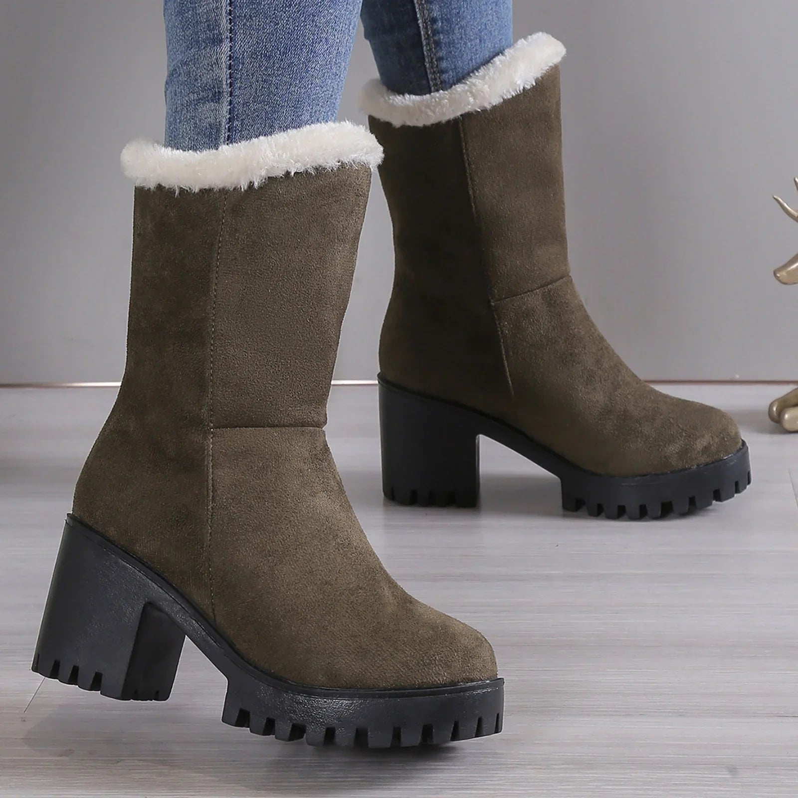 High Wide Warm Heel Hiking Thick Winter Plush Womens Suede Fashion Solid Boots Cotton Ladies Boots