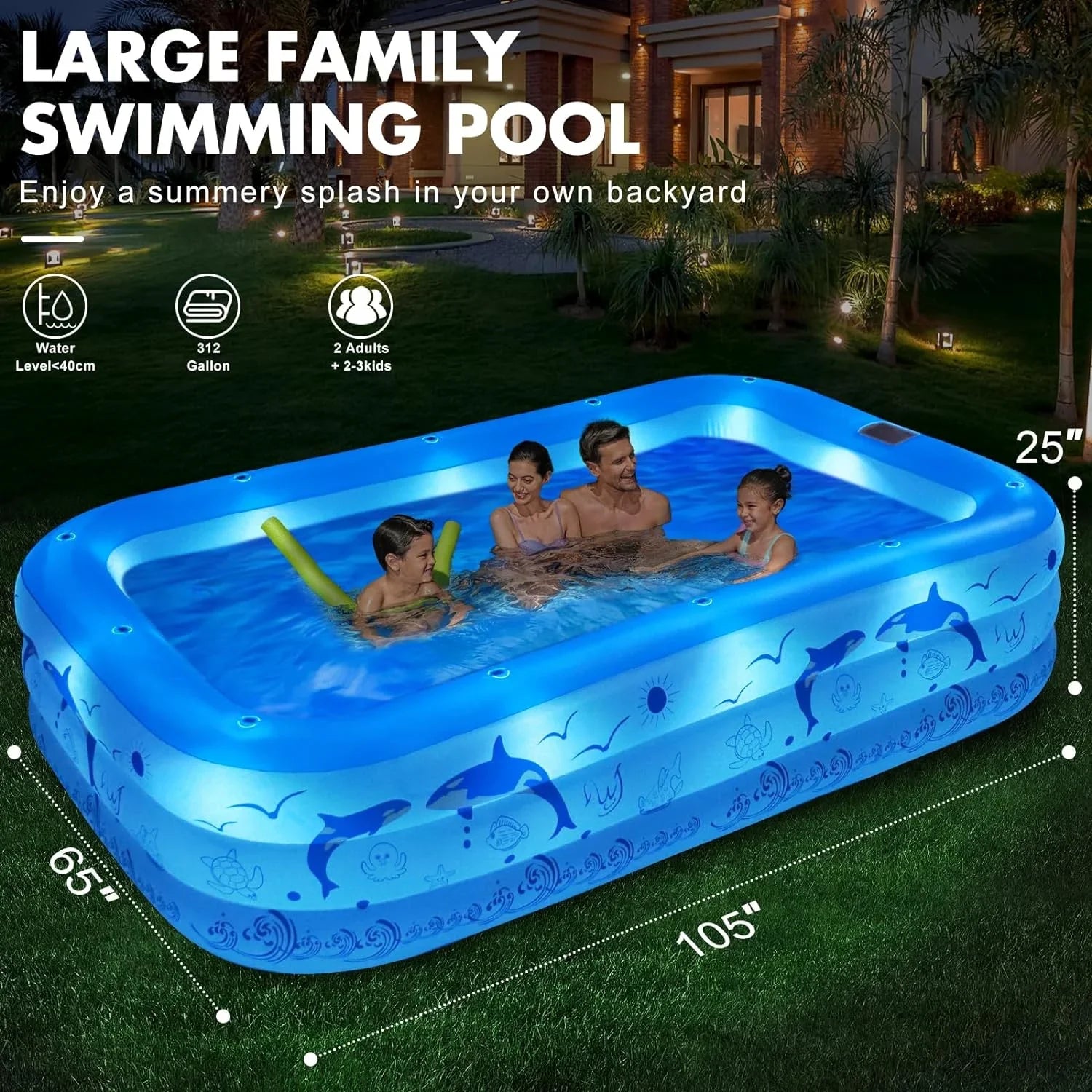 Backyard Family Powered, Pool Pool Pool with for Solar 105"x65"x25''Oversized up Swimming Thickened Kiddle Blow Pool, Inflatable 2024 Kids,Adults, Upgraded for Lights, Pool Large Inflatable