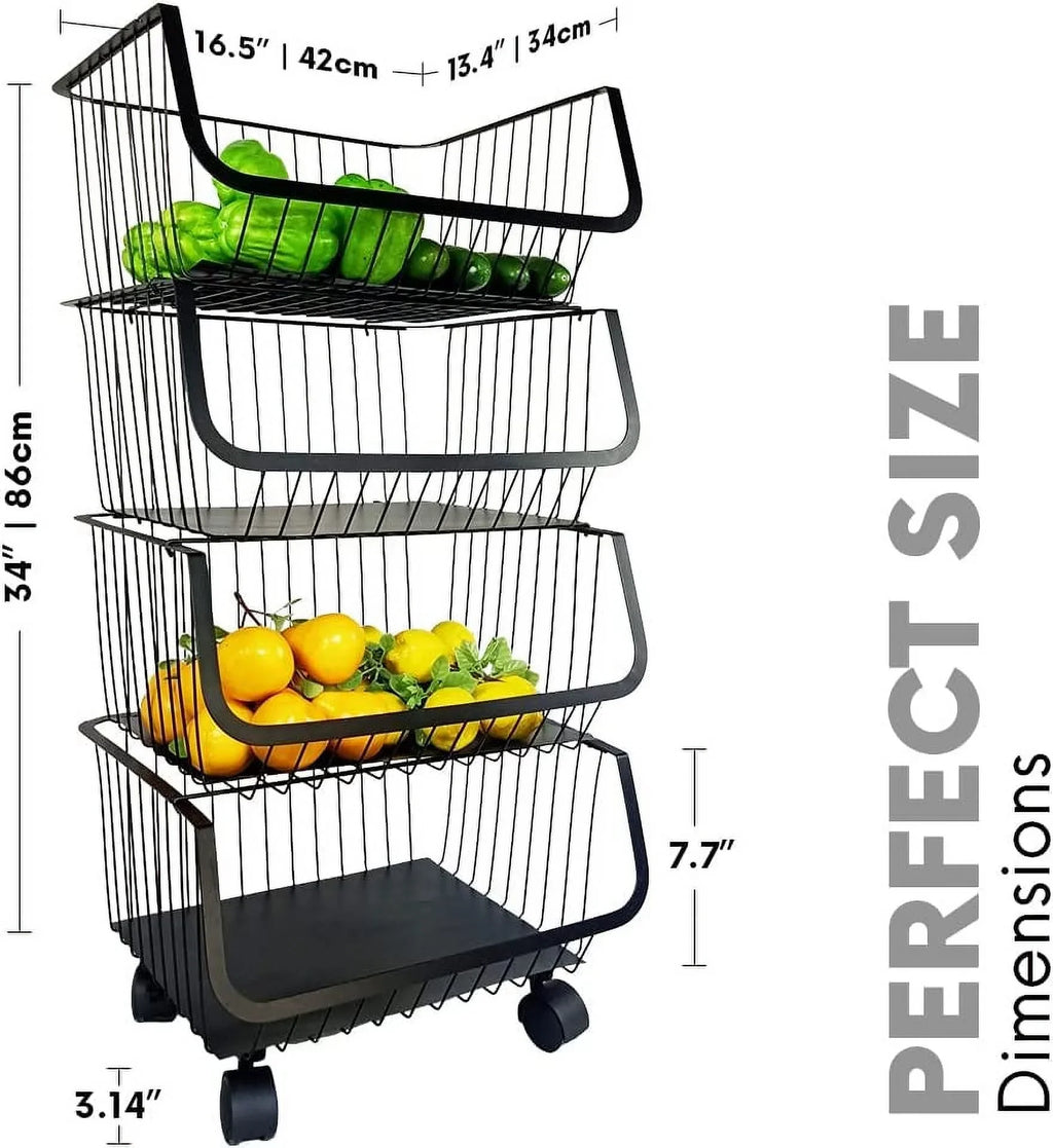 Wheels Metal Rolling with Black 4-Tier Utility Storage Organizer Basket Cart,