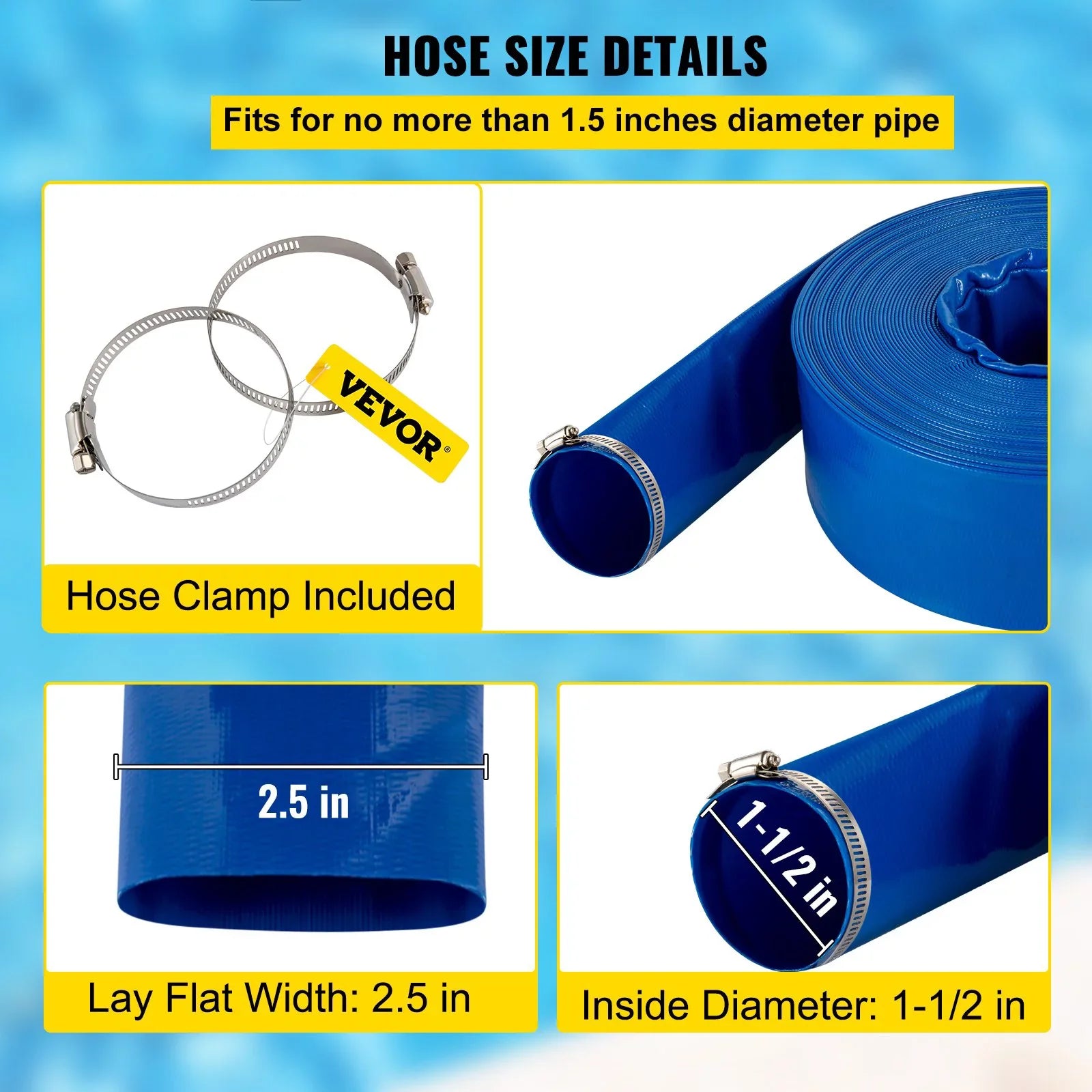 Water 1-12" Hose Drain Transfer, with Backwash & Heavy for Pool Discharge Hose, PVC Fabric 105', Hose, Blue & Duty Flat Weather-proof VEVOR x Burst-proof, Swimming Lay Ideal Clamps,