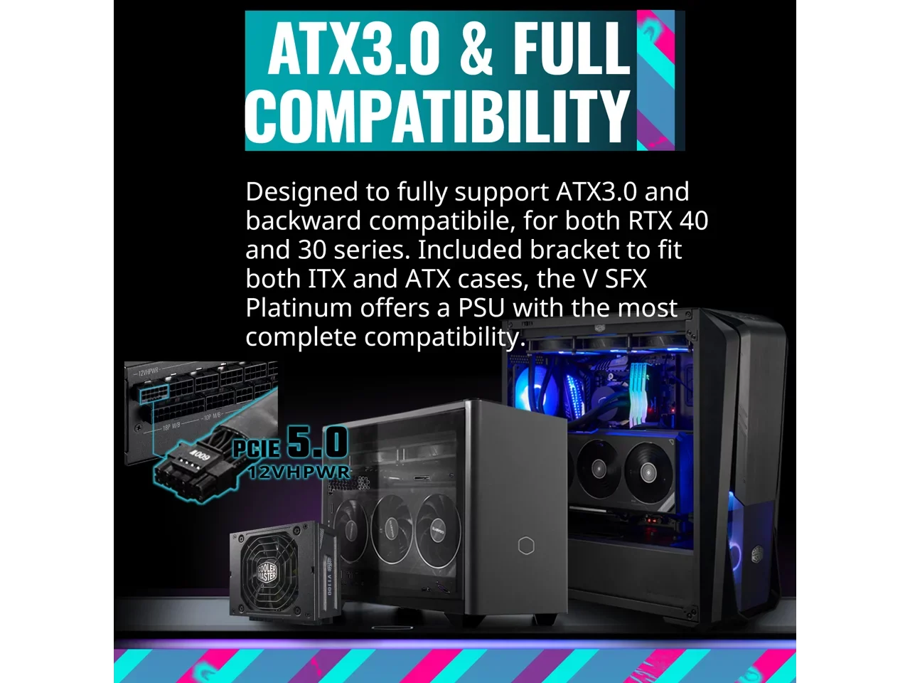Efficiency, ATX3.0, ATX 80+ Master Fully Bracket (MPZ-B001-SFAP-BUS) SFX Platinum SFX, Platinum SFX Cooler Form Factor V1100 Included, 1100W Modular, Fully