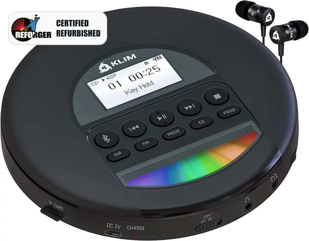 Good) Discman Headphones, FM AM Rechargeable Nomad Card, Ideal with CD Bluetooth- for KLIM MP3, Fusion Black Cars, Battery, TF Radio, Portable (Refurbished: Player Pre-Owned
