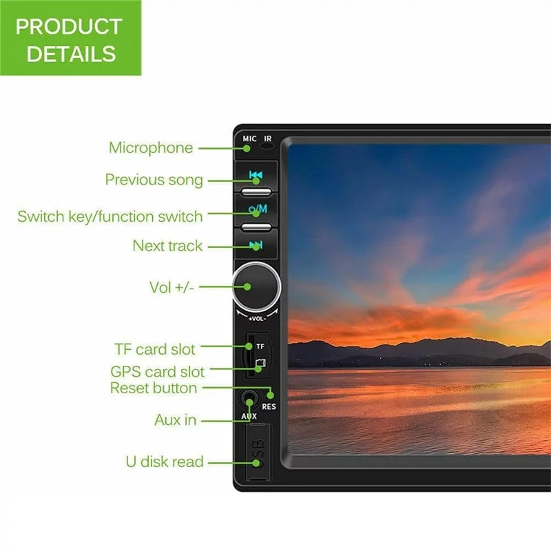 Stereo Mirror Camera& Support Touch Control Din LCD 7" Car +Rear Radio View with Remote Link/DVR/USB/FM/SD/MIC in-Dash MP3 Bluetooth Screen Double Head Car Unit