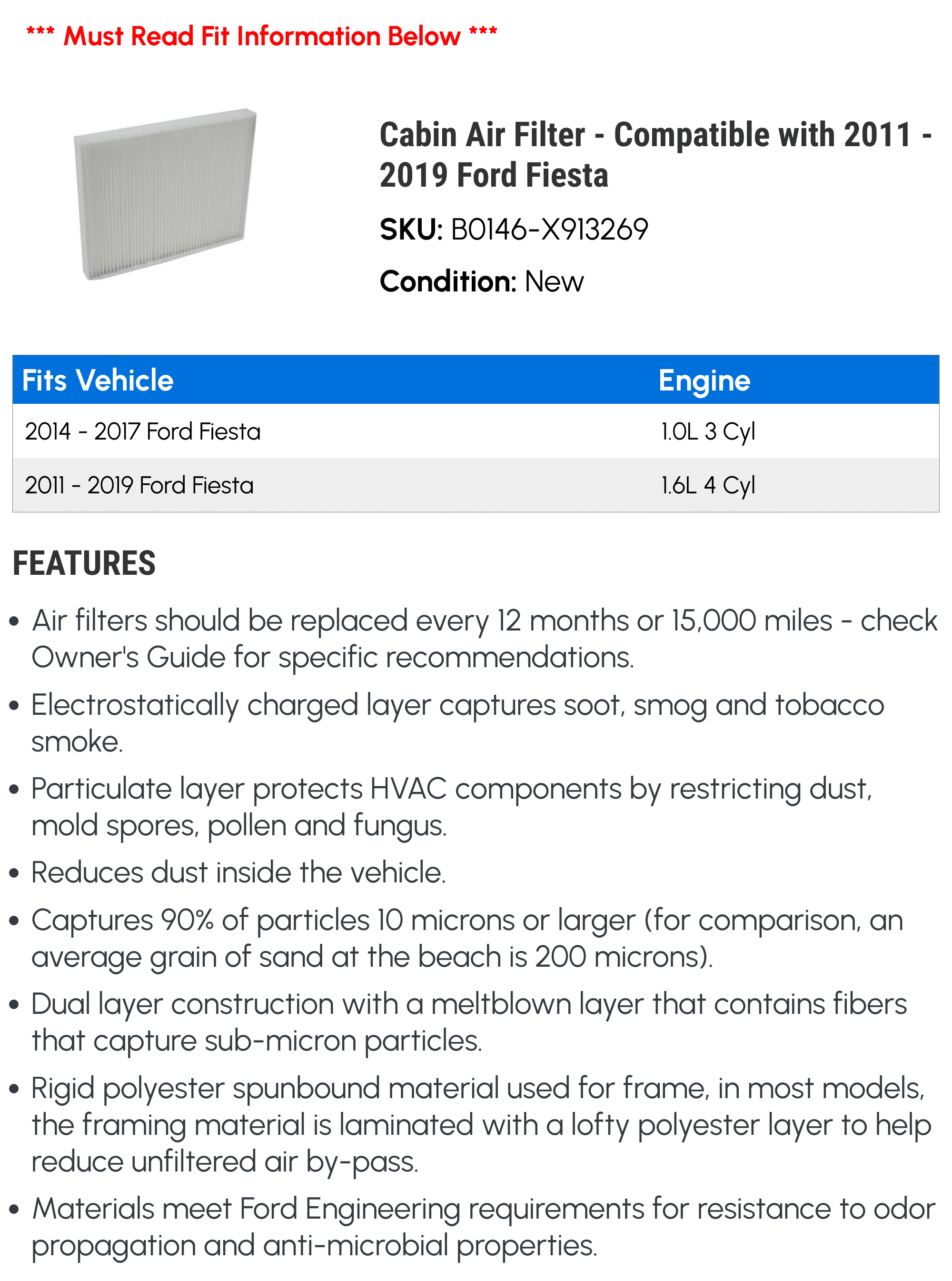 2011 Ford with 2019 - Air Fiesta 2015 - 2017 2014 2012 Compatible Cabin 2018 Filter 2016 2013
