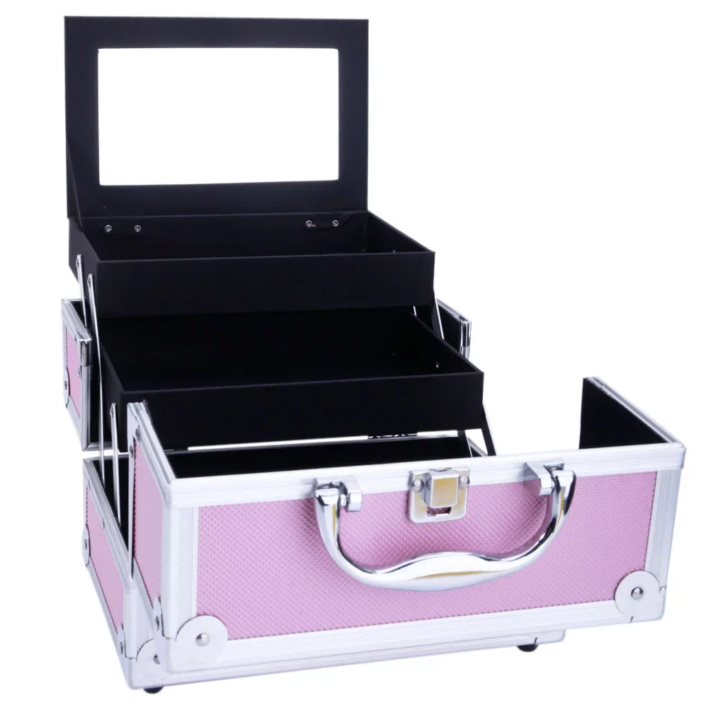 Box Train Makeup Mirror Bag Pink Portable Jewelry with Case Zimtown Aluminum Storage Silver Lock Case
