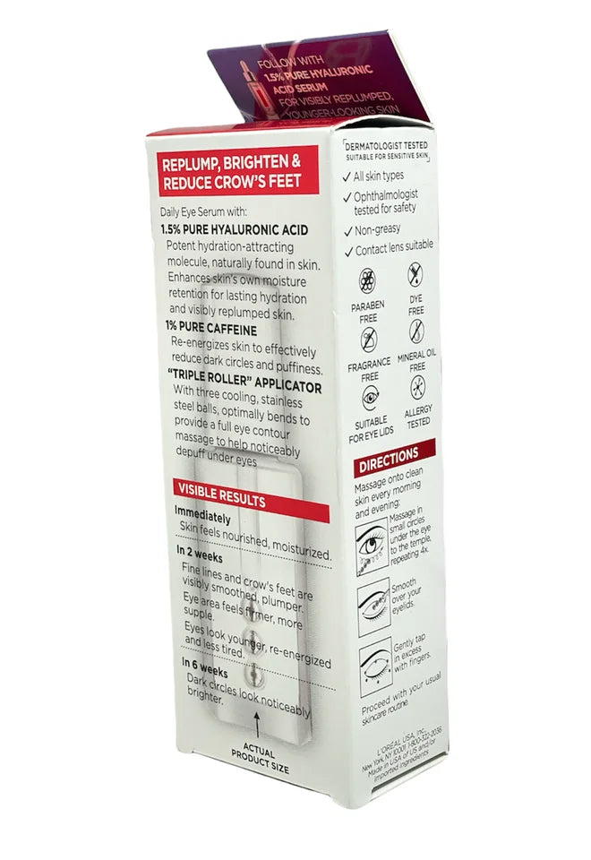 Derm Revitalift Serum L'Oreal 2.5% 0.6oz Hyaluronic Intensives Eye Acid+Caffeine