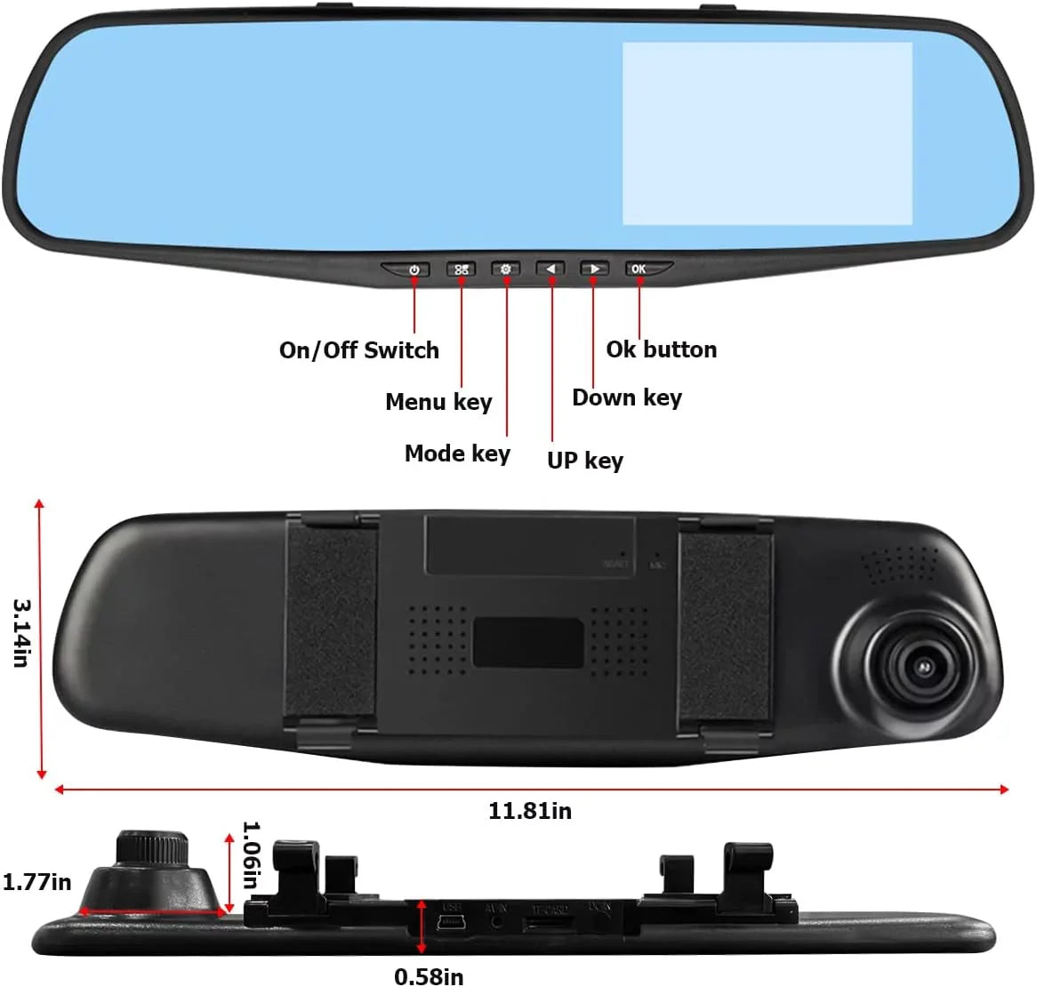 Front Cam Car, and Mirror Smart Backup HD Dash Angle, Wide for Waterproof Mirror Camera, Rearview Rear 1080P 4.3"