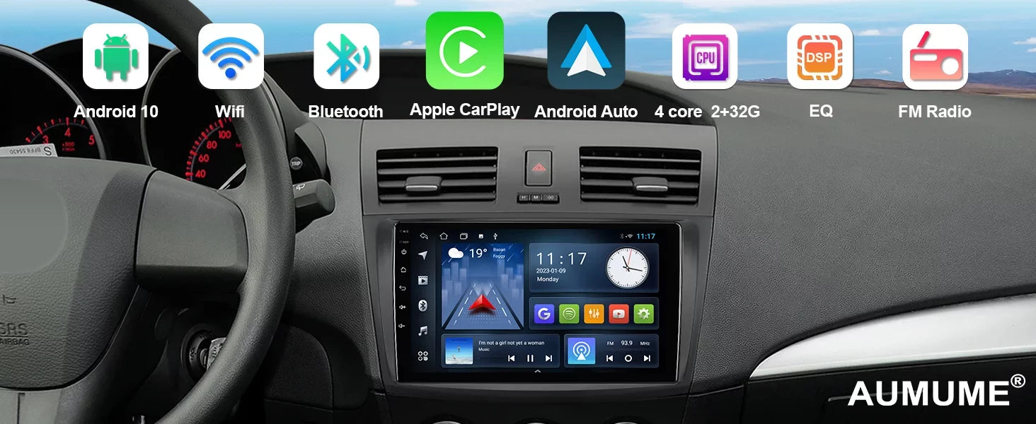 Wheel Car Din 9 Double for with Inch 3 2012 2013 Carplay/Android stereo Mazda 2+32G Radio 2010 TouchScreen Camera 2011 Control Wireless Android Backup Auto/GPS/Bluetooth/FM/AUX-in/Steering 10 Built-in