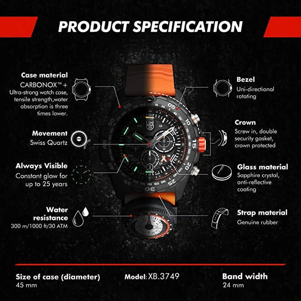 Stainless M Master 3749: Luminox Grylls Survival Series 45mm Bear - Swiss Black/Orange Watch Water Steel Mens Made Resistance 300