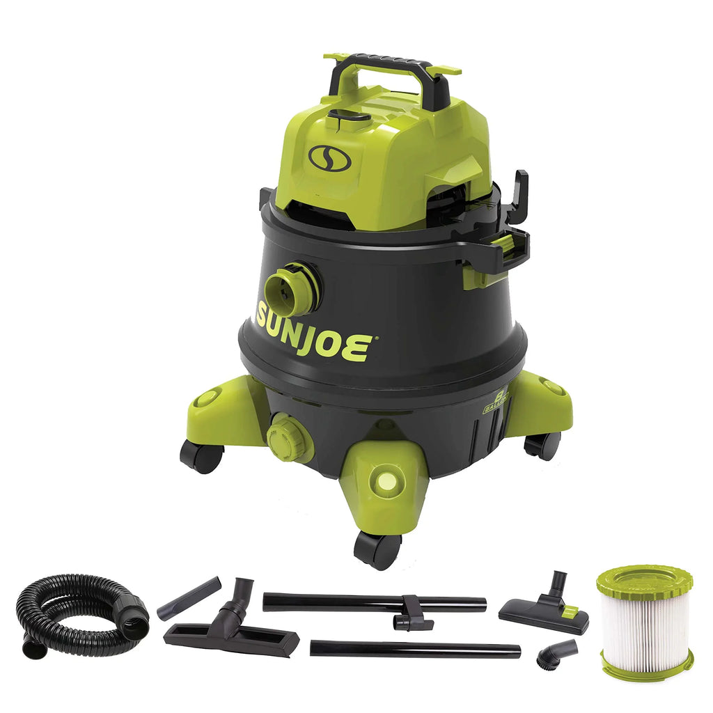 Peak Wheeled 8-Gallon Black/Green w/Cleaning Joe Shop Vacuum, Attachments, (Refurbished) Restored Wet/Dry 1200-Watt HP Filtration, 6.5 HEPA Sun SWD8000