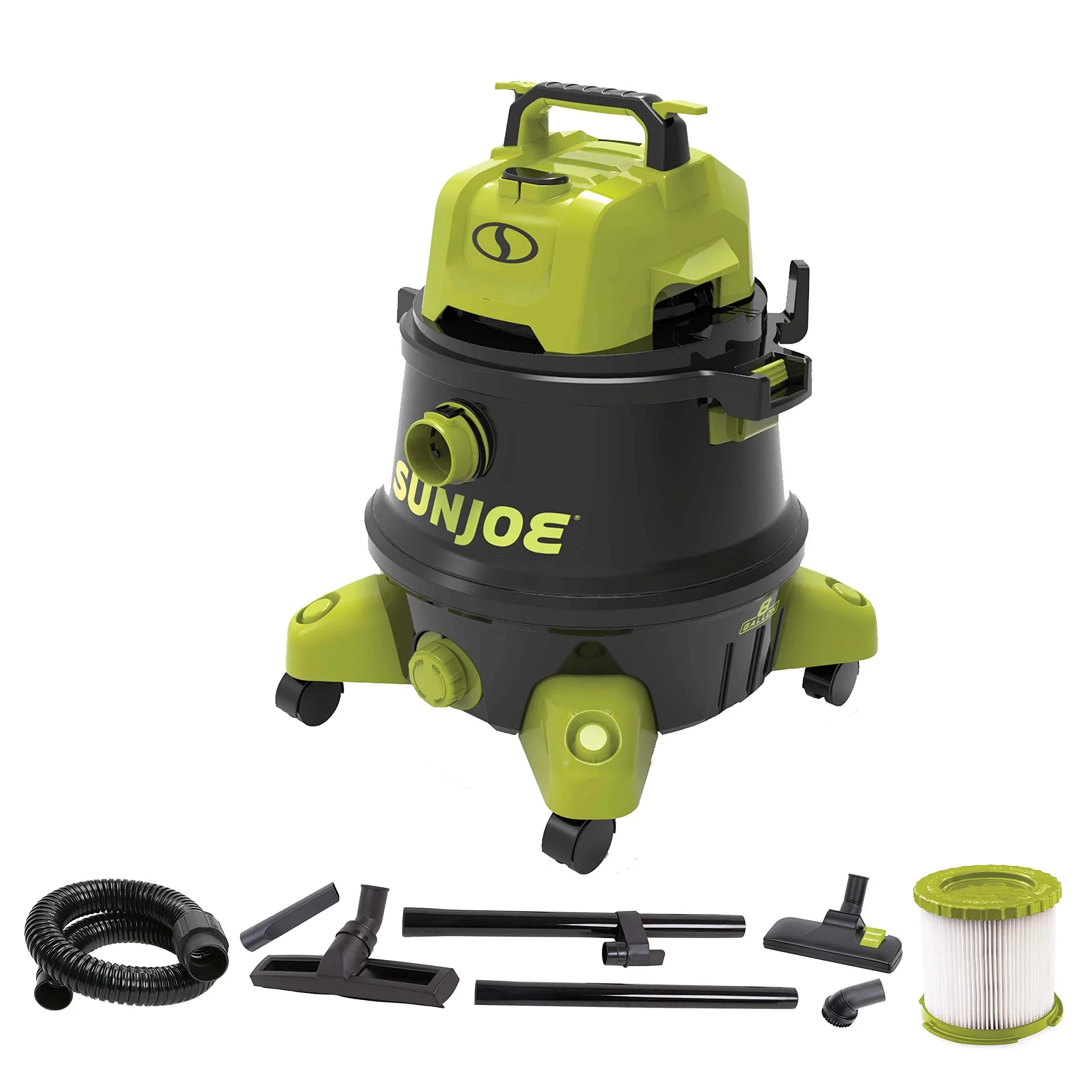 Peak Wheeled 8-Gallon Black/Green w/Cleaning Joe Shop Vacuum, Attachments, (Refurbished) Restored Wet/Dry 1200-Watt HP Filtration, 6.5 HEPA Sun SWD8000