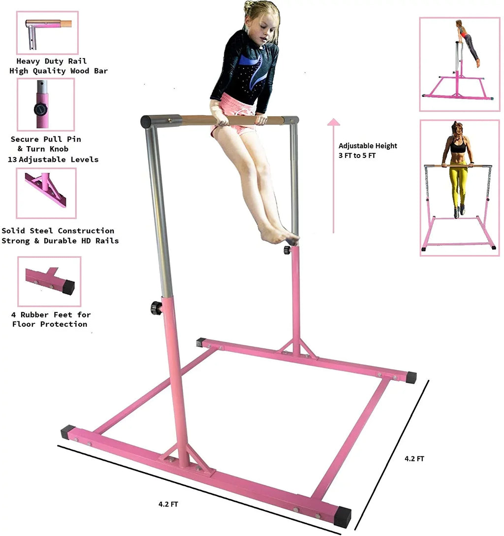 Pro-Gymnastics Expandable Bar 13 (Pink) Kip Horizontal Asymmetric Cushioned Gymnastic Bar & to 5 Legs FT Gymnastics Level Junior Training Bar Bar 3 Curved Height Bar Adjustable High