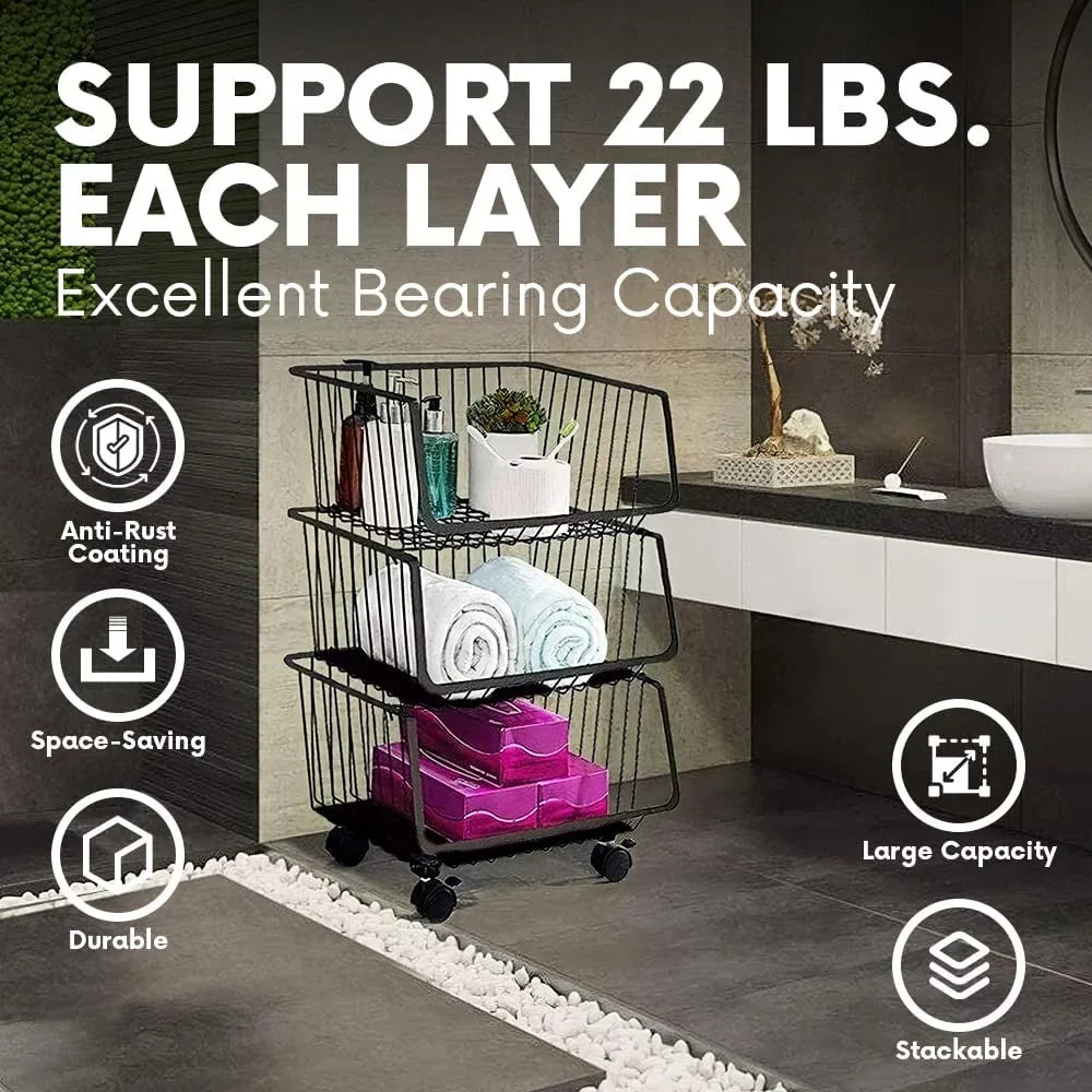 Wheels Metal Rolling with Black 4-Tier Utility Storage Organizer Basket Cart,
