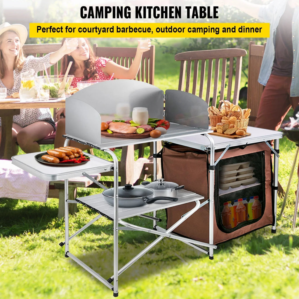 Folding Zippered Party, Color, Camping, 2-Tier, with Table Cook Camping Table Kitchen Outdoor BBQ, Bag for SKYSHALO Portable Brown Camp Table