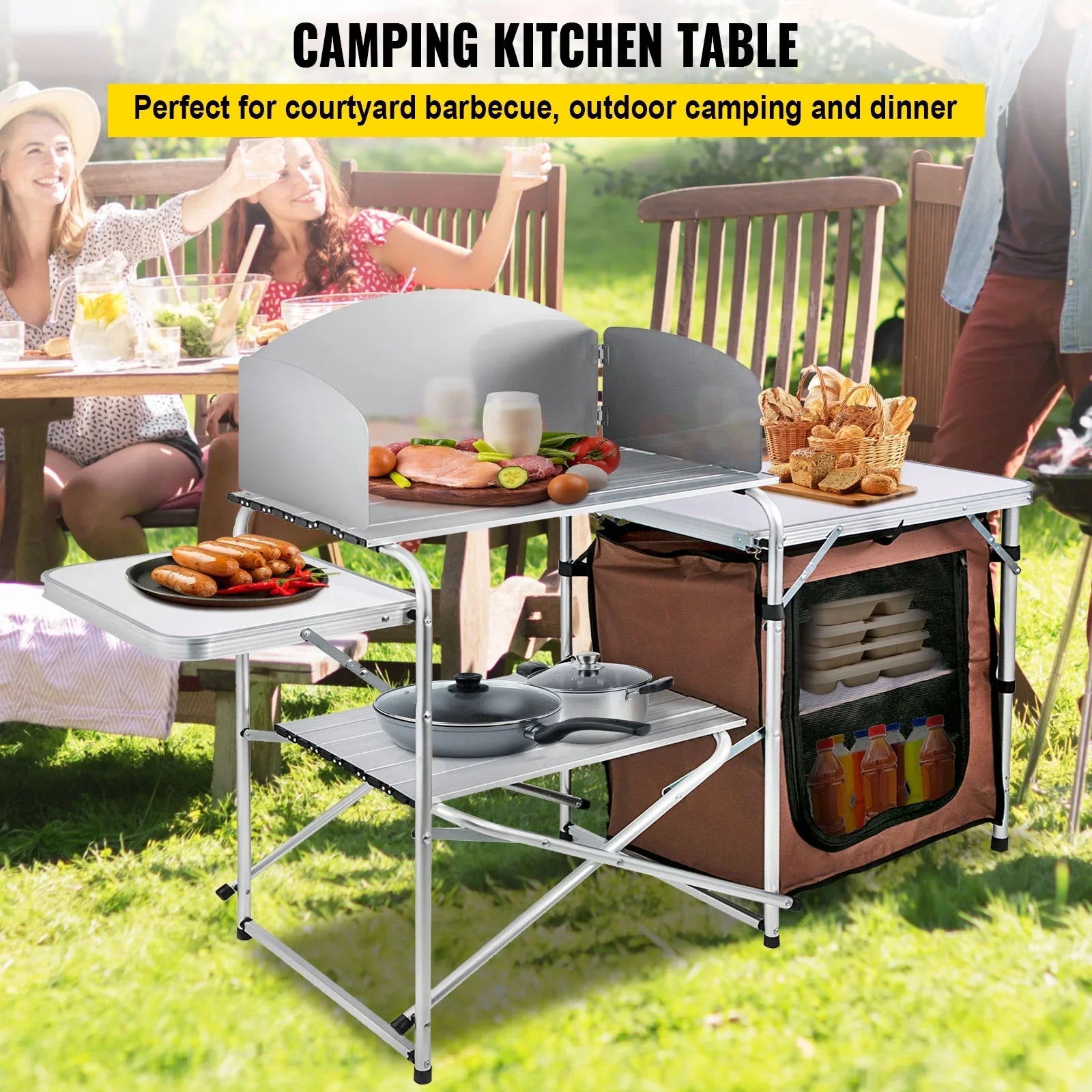 Folding Zippered Party, Color, Camping, 2-Tier, with Table Cook Camping Table Kitchen Outdoor BBQ, Bag for SKYSHALO Portable Brown Camp Table