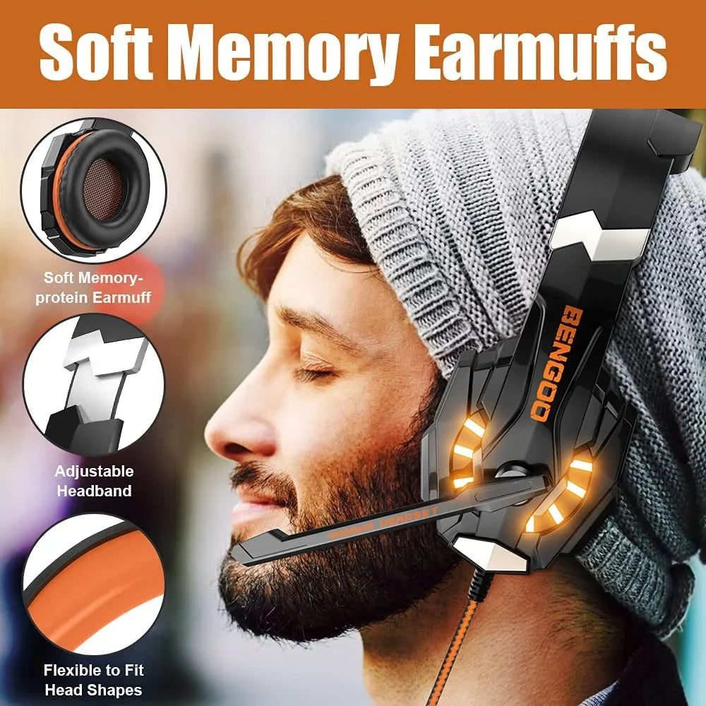 Soft BENGOO LED Cancelling Xbox One PS4, Headset Gaming with Over Ear Surround, Mic, Memory Headphones Stereo Bass PC, Earmuffs Noise (Orange) Controller, G9000 Light, for