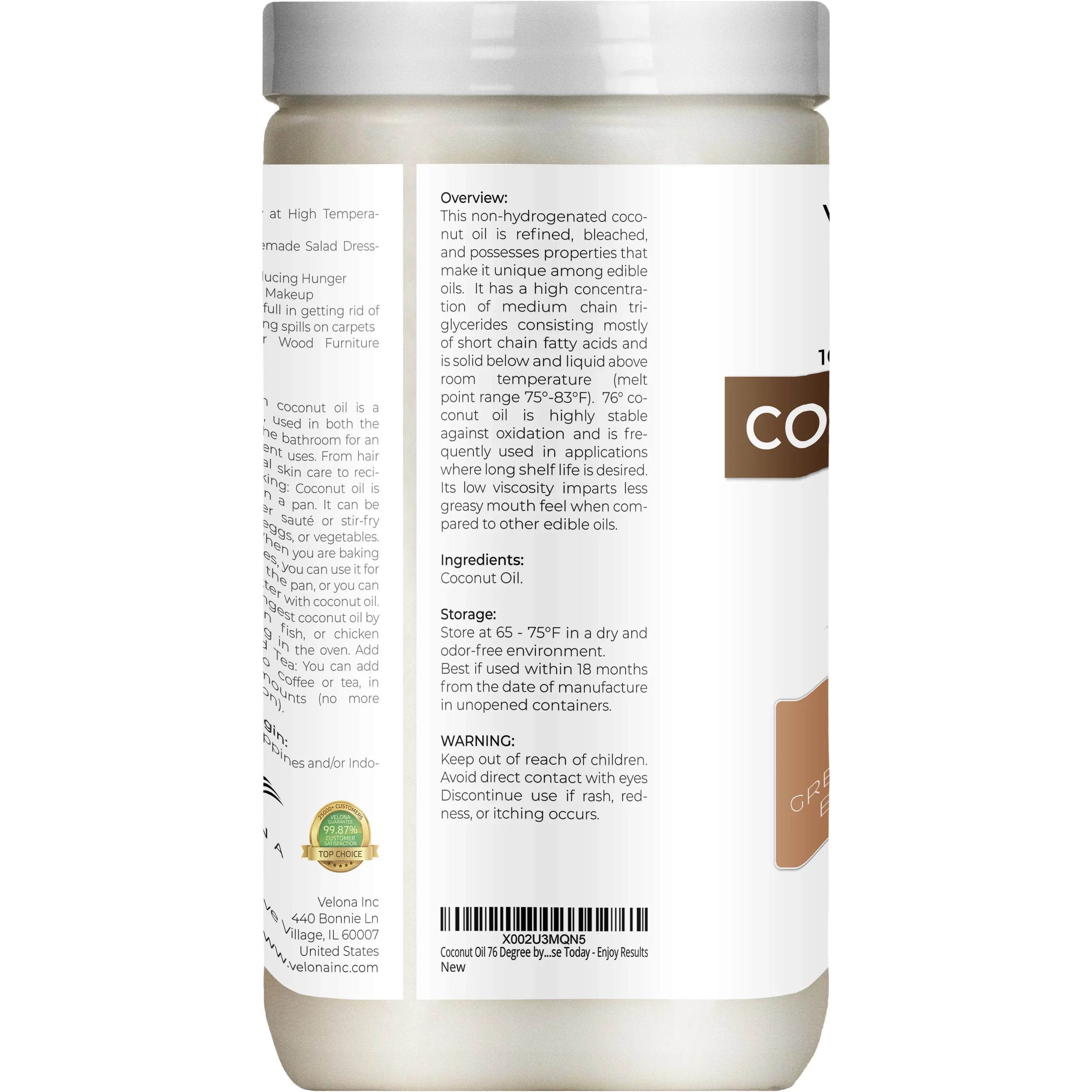 Pure Oil Velona Cold 100% oz Degree Face, in Care Natural Hair Body, 76 pressed | | Oil and Carrier | Refined, 64 jar | Skin, - Coconut