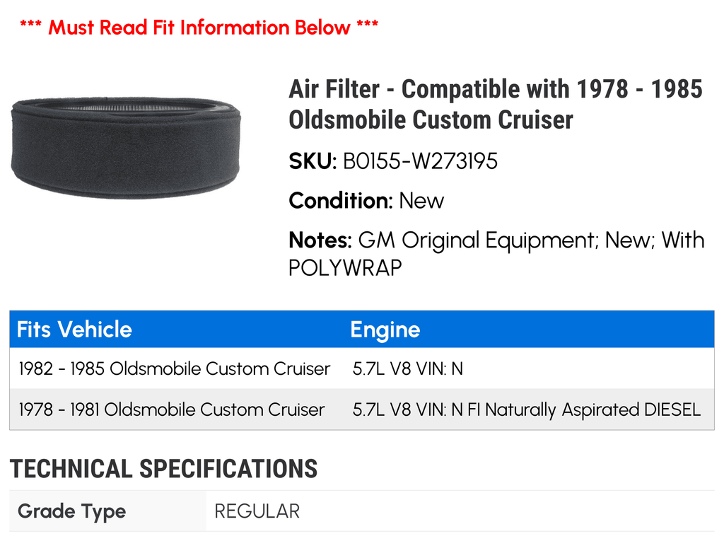 with Oldsmobile Cruiser 1980 - 1983 - 1984 Custom Filter 1985 Air 1979 1981 Compatible 1982 1978