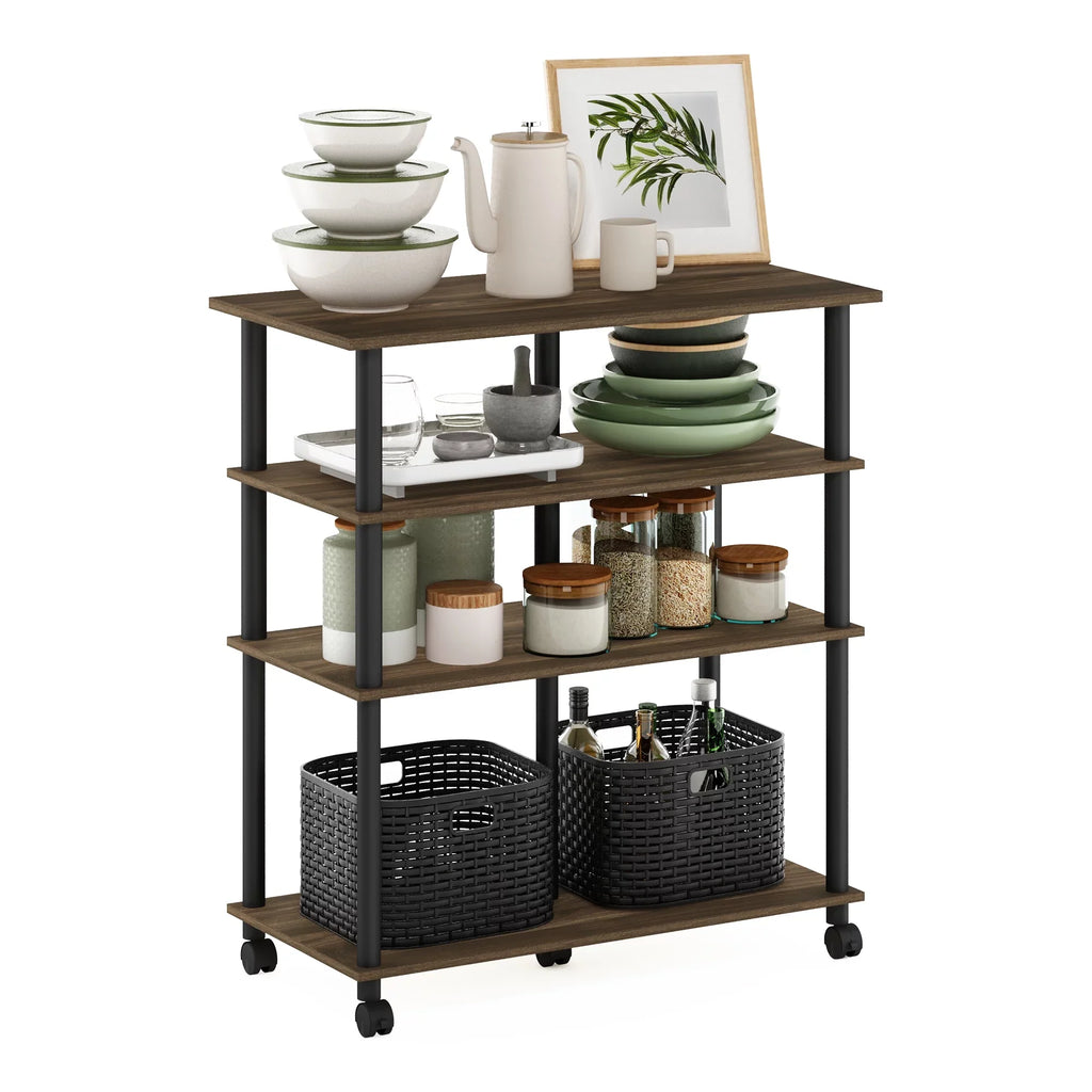 Columbia Walnut/Black Helena wheels, Kitchen Island Furinno 4-Tier on Rolling