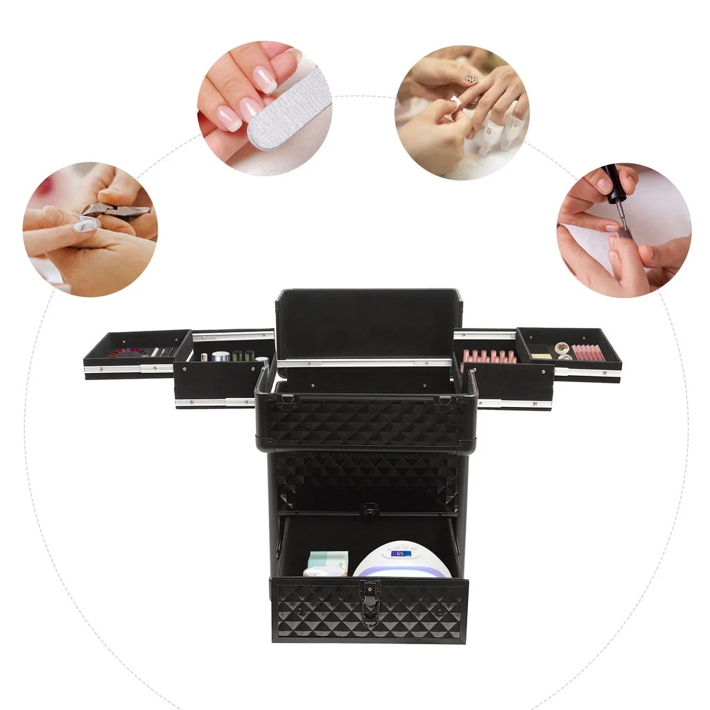 Trunk Case Rolling Nail Salon Cart Manicure Luggage Trolley Cosmetic Organizer Makeup Box Wheeled Storage Black Case Aiqidi Train