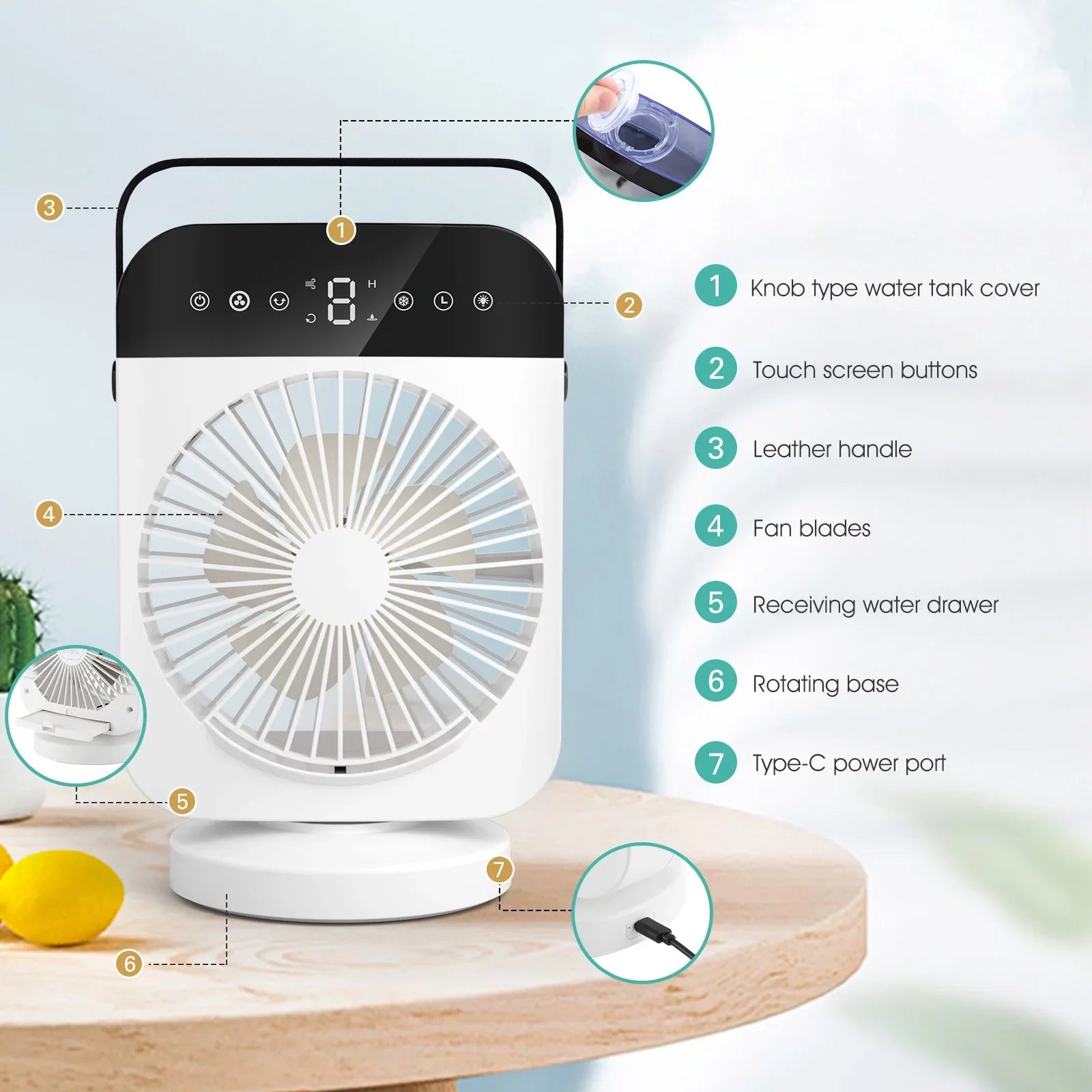 Small Camping Office Desktop Light Evaporative Portable Cooling With Led With Personal 4 For Speeds,Oscillation/Humidifier/Timing Fan Air Conditioner,Mini Function, Room Cooler Air