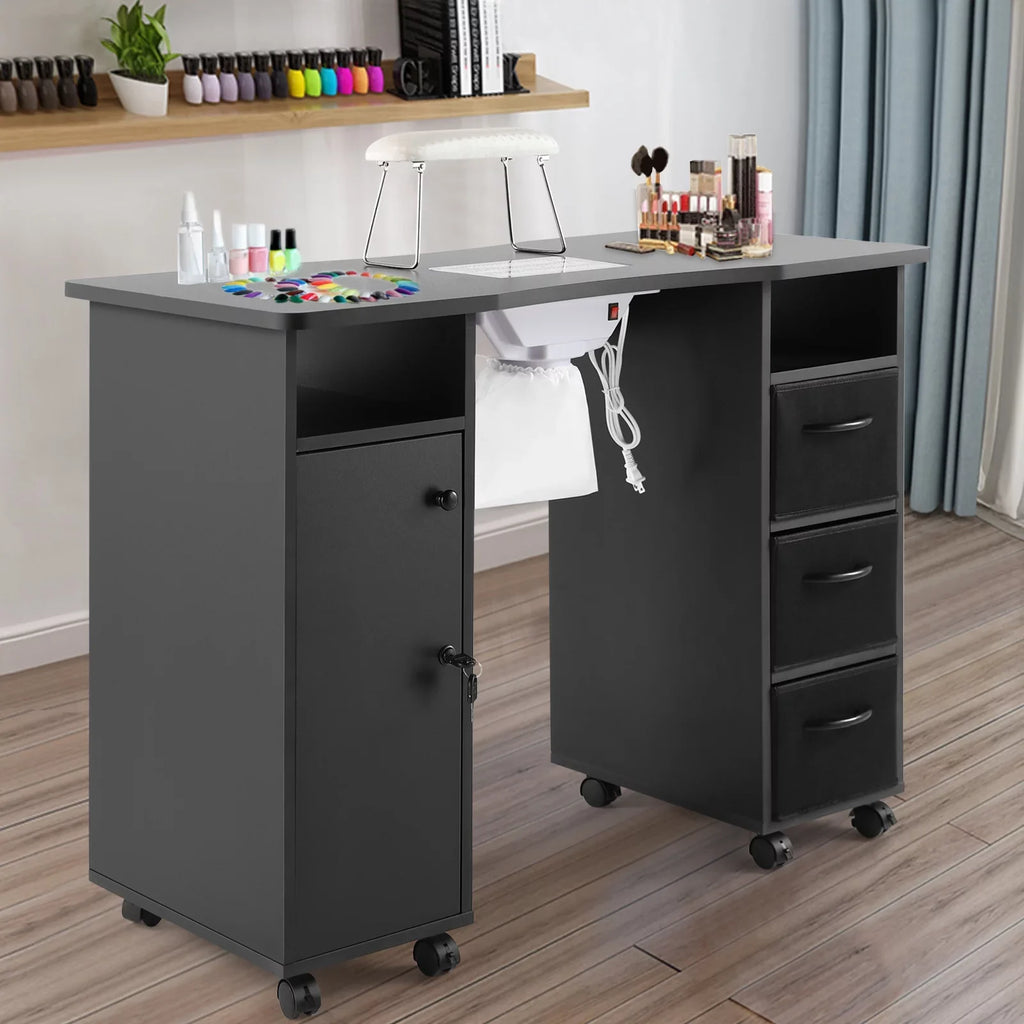 Lockable Manicure Artist Wrist with Desk Nail Table Cushion, Shelves Black Station Downdraft Beauty Wheels, Vent, Electric Drawers, Hand