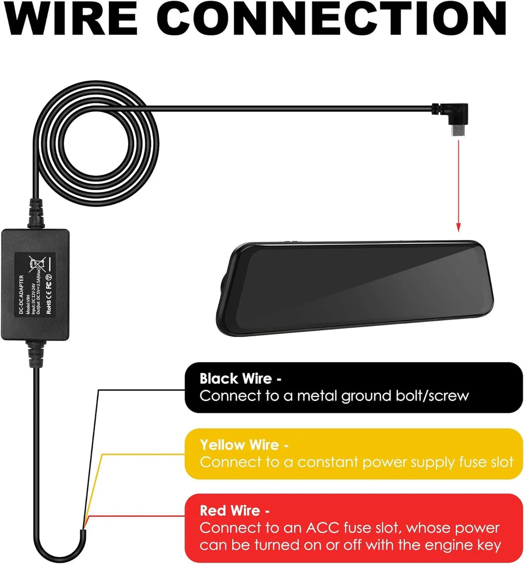 Pro Cam, Cam Wire Pro/P10 5V Mirror P12/P12 Set for 12V-24V Dash Kit Hardwire Type-C Kit, Dash Fuse to Full Hard
