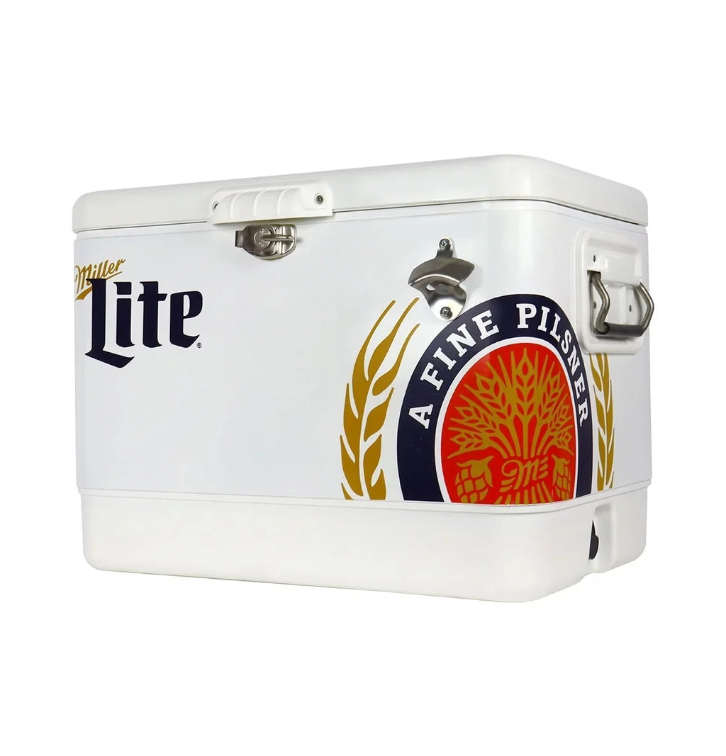 51L Fishing 85 Tailgating, Blue, Camping, Beach, Portable Chest with Cooler, RV, QT), Opener, and Beverage BBQs, (54 White steel-belted Can Bottle Miller Lite for Cooler Ice