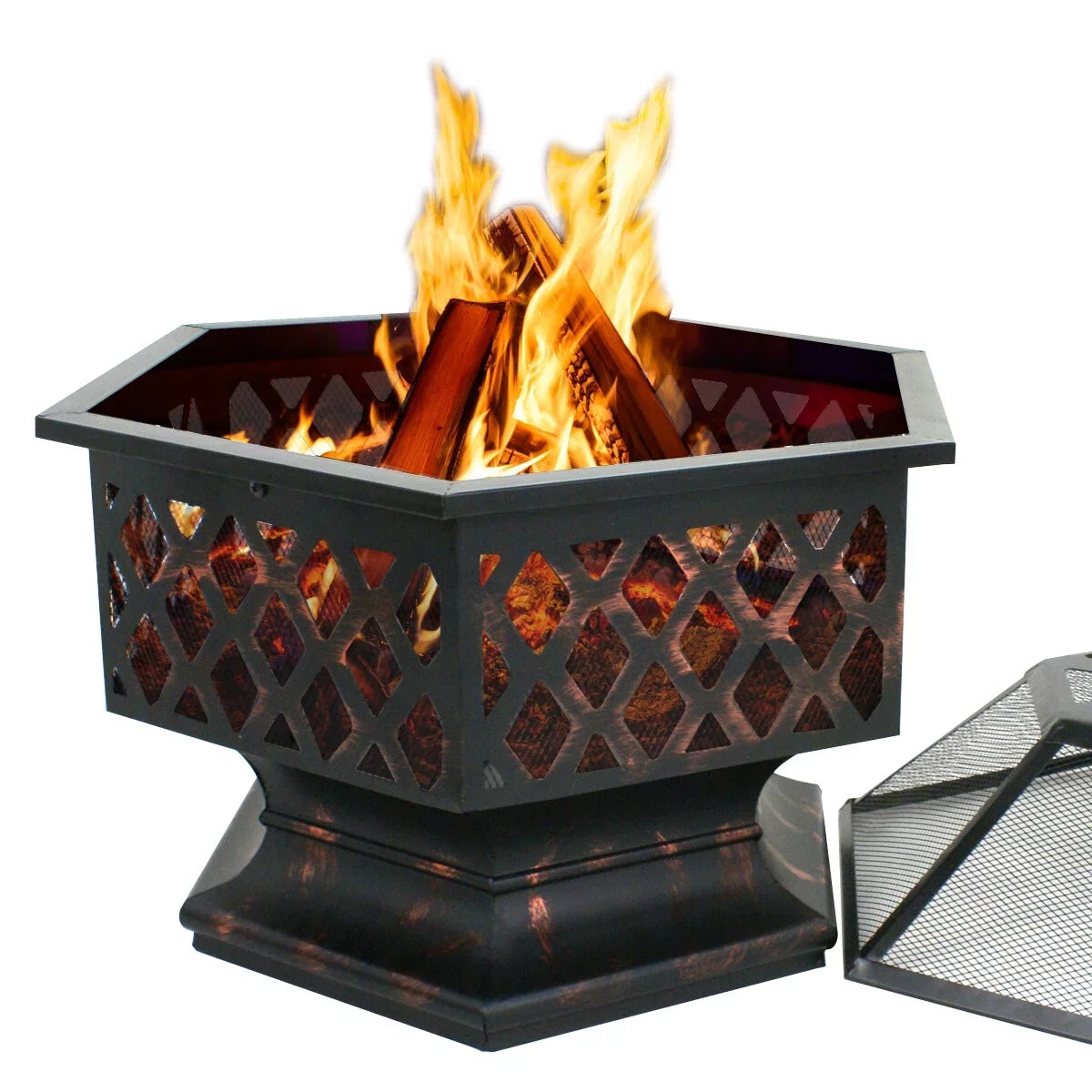 Lid, Backyard, Portable Burning 24¡¯¡¯ Pit W/Mesh Outdoor - Black Pire Wood Bonfire Hex-Shaped ZenSports