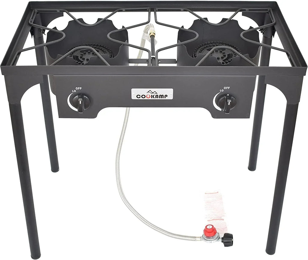 0-20 Camp Pressure (2-Burner) Hose Adjustable Outdoor High Banjo with Height. Adjustable PSI and Regulator Steel Braided Stove