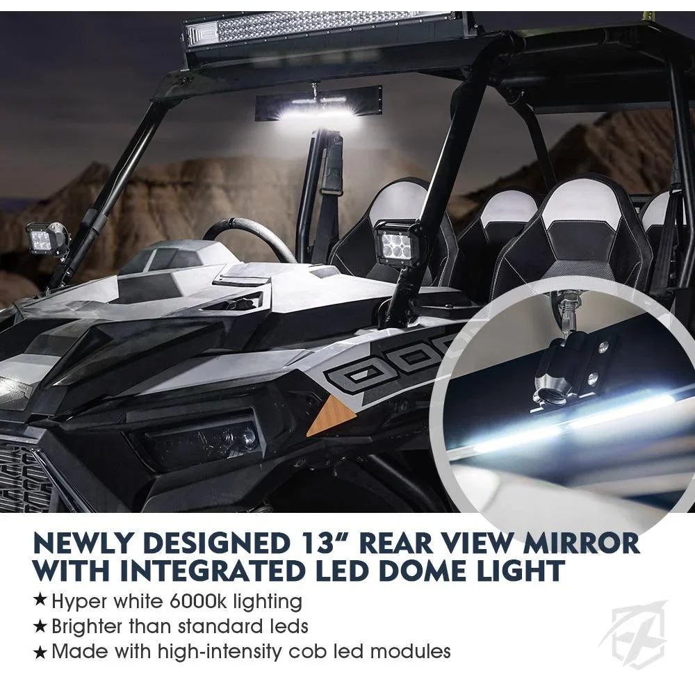 Curved Integrated 1.75"-2" View Lights & LED w/ Switch Xprite 13" for Rollbars UTV Rear Mirror