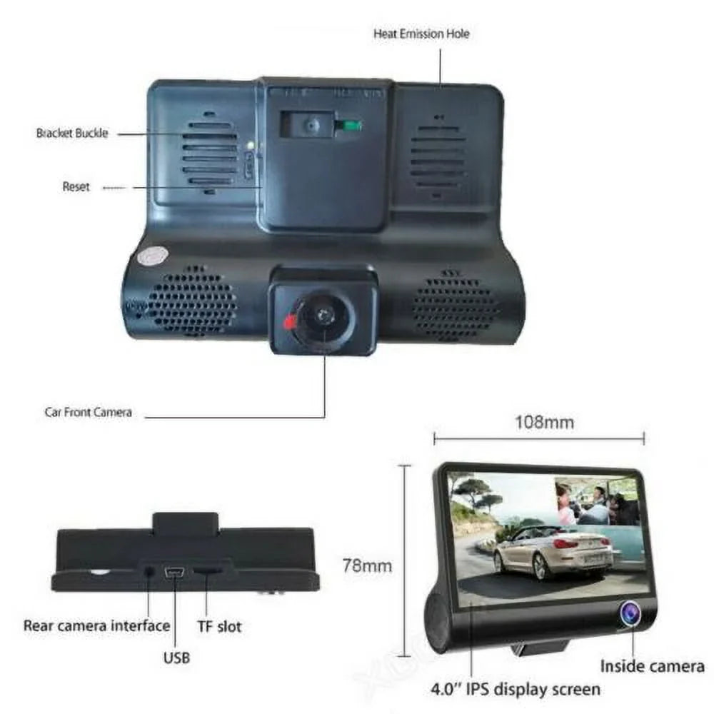 Rearview HD 4" Dual Cam G-Sensor 1080P Dash Camera Video DVR Recorder Lens Car