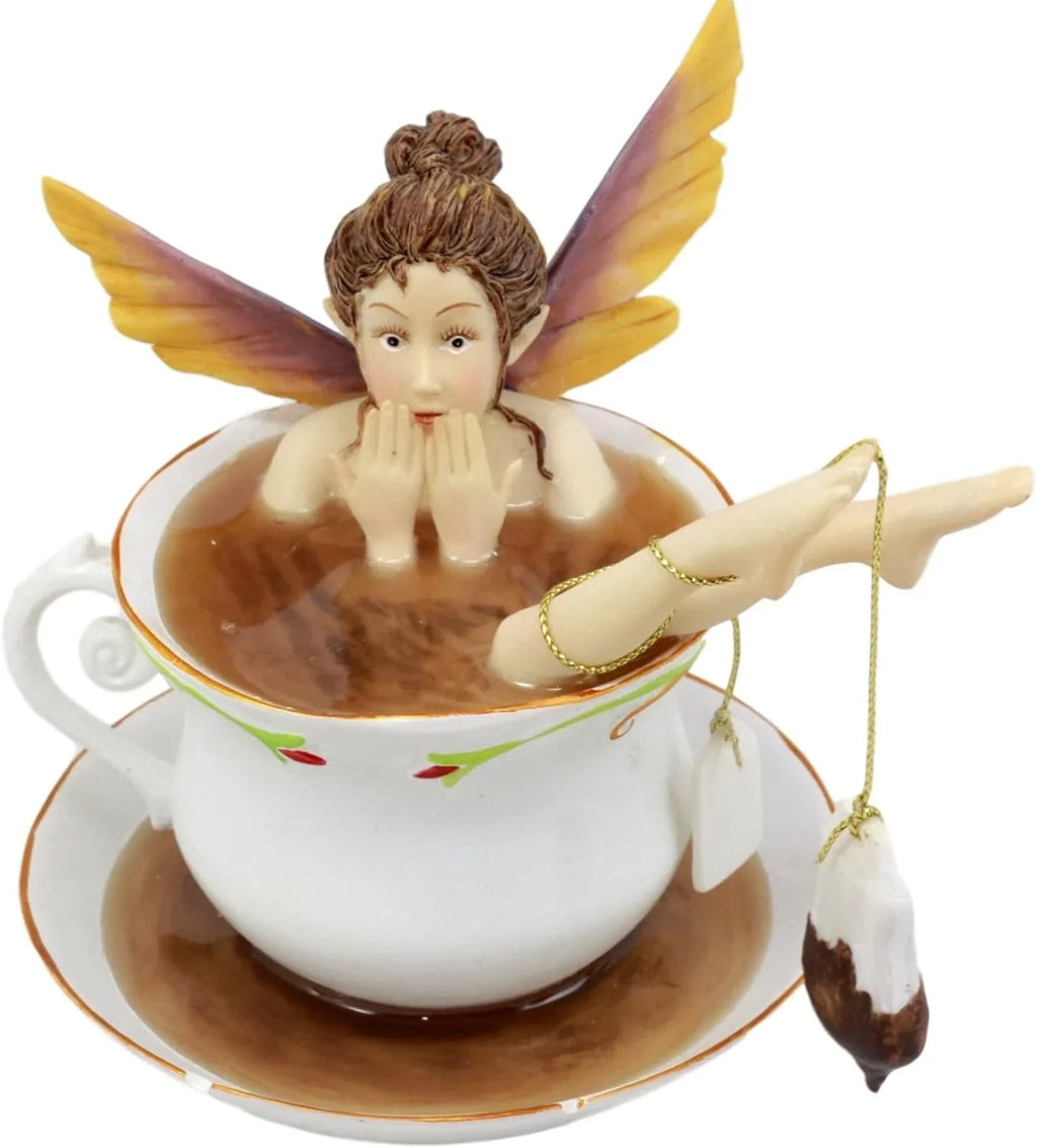 Time 5" Bathing H In With Tea Ebros Collectible Tea Design Fantasy With Bag Fairy Shocked Magical Figurine Cup Cracked Fairy Encounters Saucer Tea