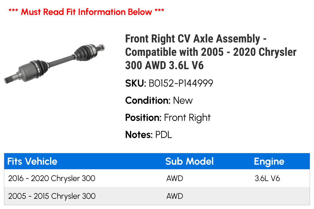 AWD 2007 2009 2017 Chrysler 2014 Assembly CV - 2016 2012 2020 Right 2018 Front V6 2010 2019 3.6L Compatible 300 with 2006 Axle 2008 2005 2015 2011 2013 -
