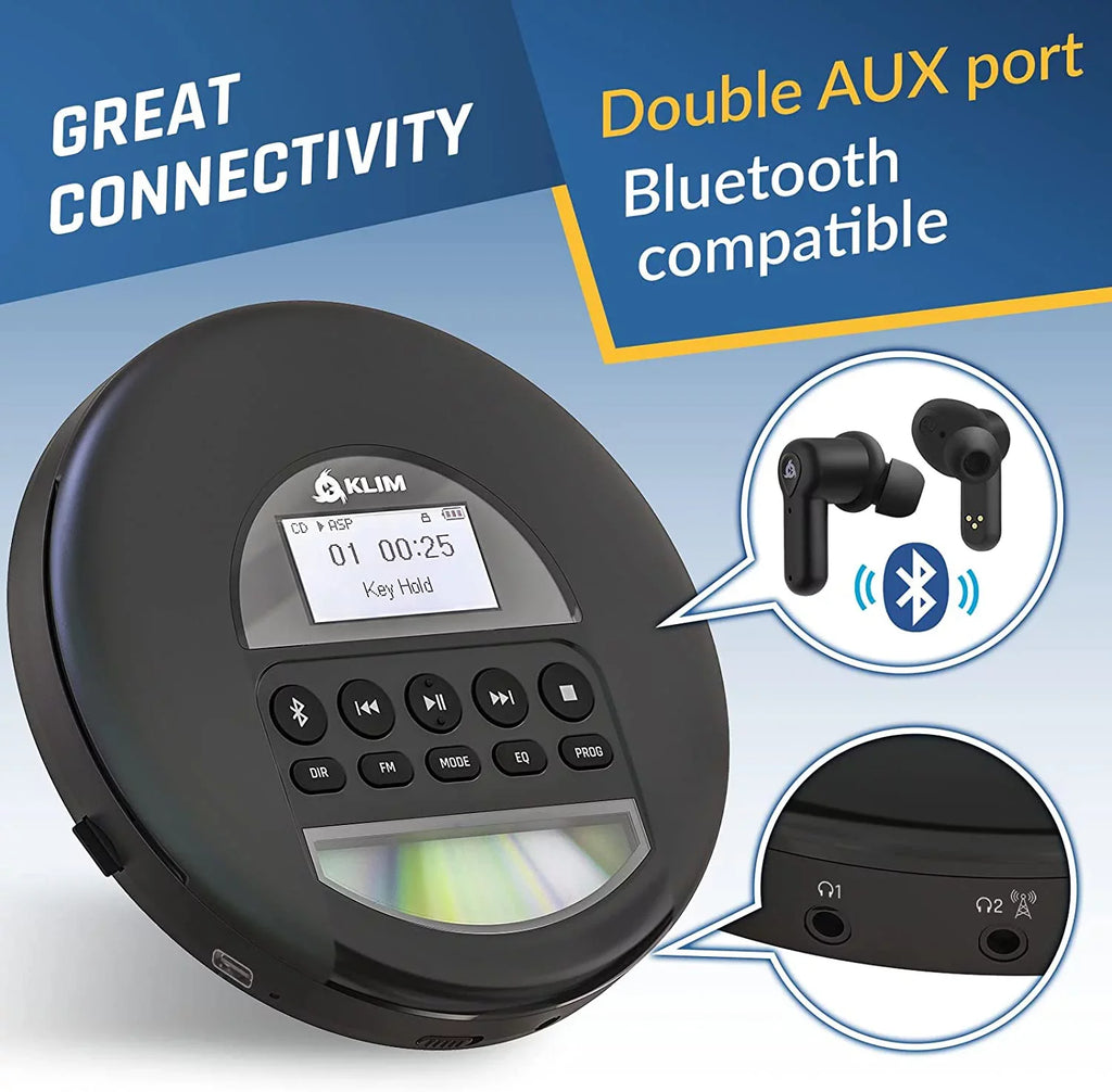 Good) Discman Headphones, FM AM Rechargeable Nomad Card, Ideal with CD Bluetooth- for KLIM MP3, Fusion Black Cars, Battery, TF Radio, Portable (Refurbished: Player Pre-Owned