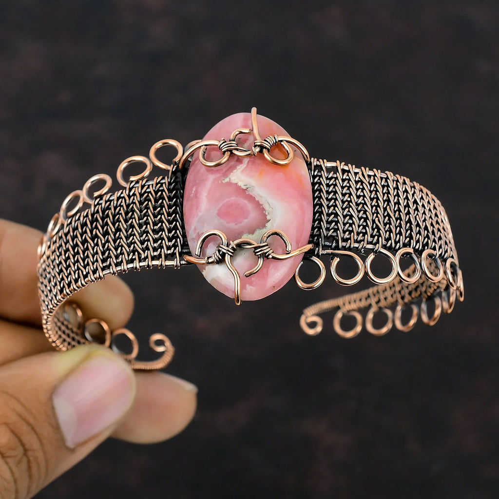 Bangle Wrap Rhodochrosite Jewelry Cuff Bracelet Wire Adjustable Copper Gemstone