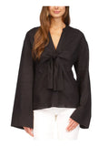 Button MICHAEL Hem Sheer Top Up M Curved KORS Split Womens Waist Tie Sleeve Bell Black Unlined MICHAEL