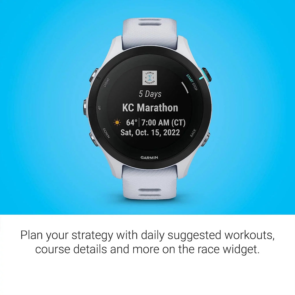 Battery, Charging Smaller Insights, with & Towel, Running 6Ave Smartwatch Cleaning Music, Garmin Music, Kit with 255S Base, Long-Lasting Workout Forerunner Travel Advanced GPS Whitestone