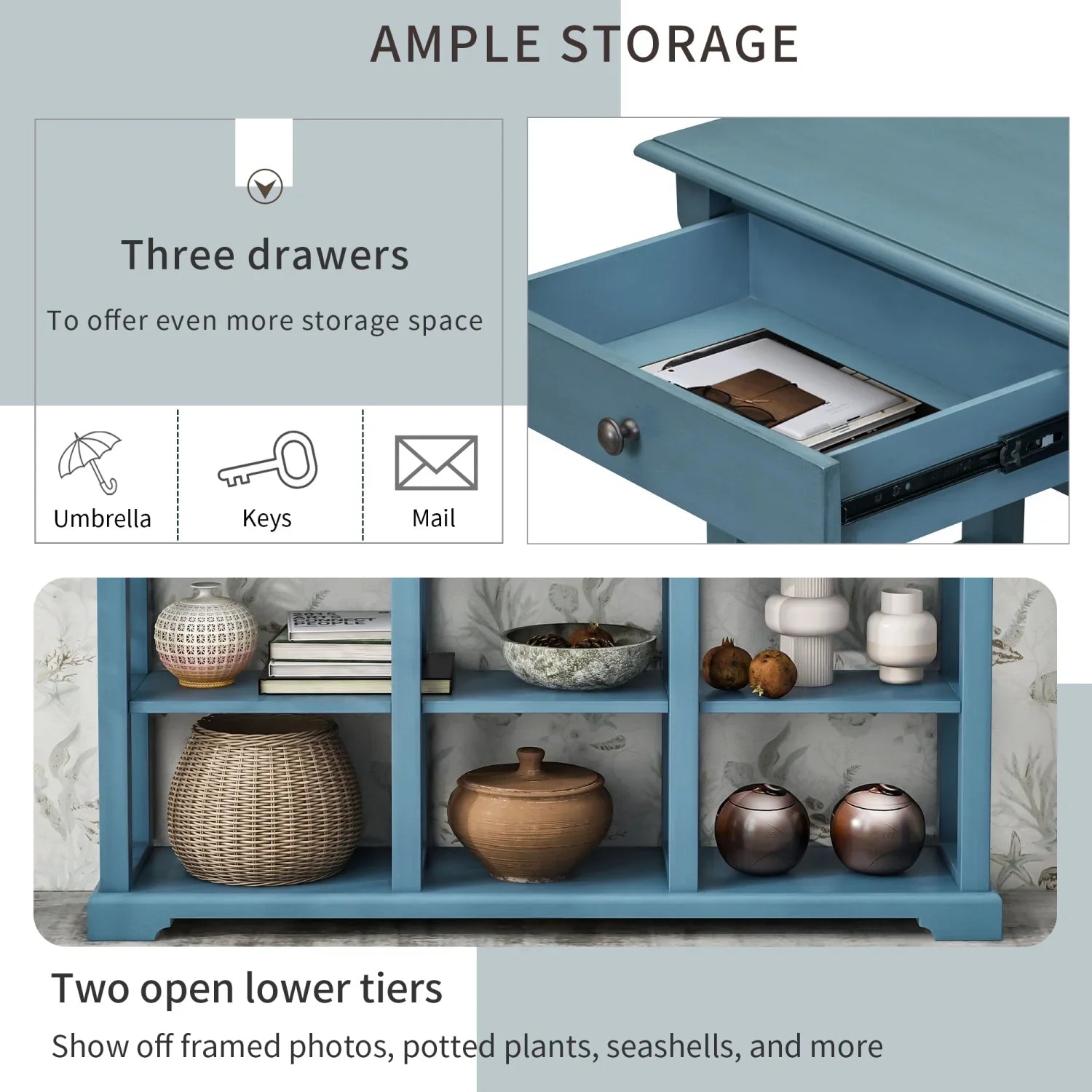 Retro (Navy OLD WF298765AAM) for Drawers Storage TREXM Console and SKU Room Shelves Table/Sideboard Open Living with Ample