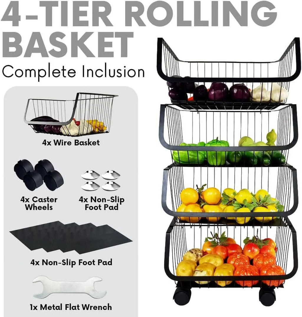 Wheels Metal Rolling with Black 4-Tier Utility Storage Organizer Basket Cart,
