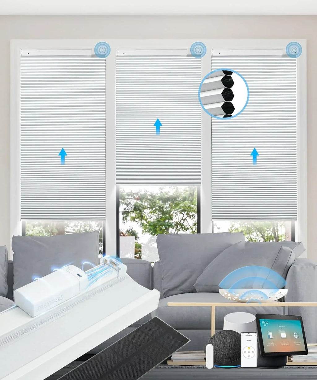 Cordless Cellular Honeycomb 29" Magnetic Panel¡¿ Alexa Motorized Remote, Blinds, Shades Solar Electric with 100% Powered Rechargeable Automatic Google¡¾Free with Blackout H, Wx64 Blinds White Solar