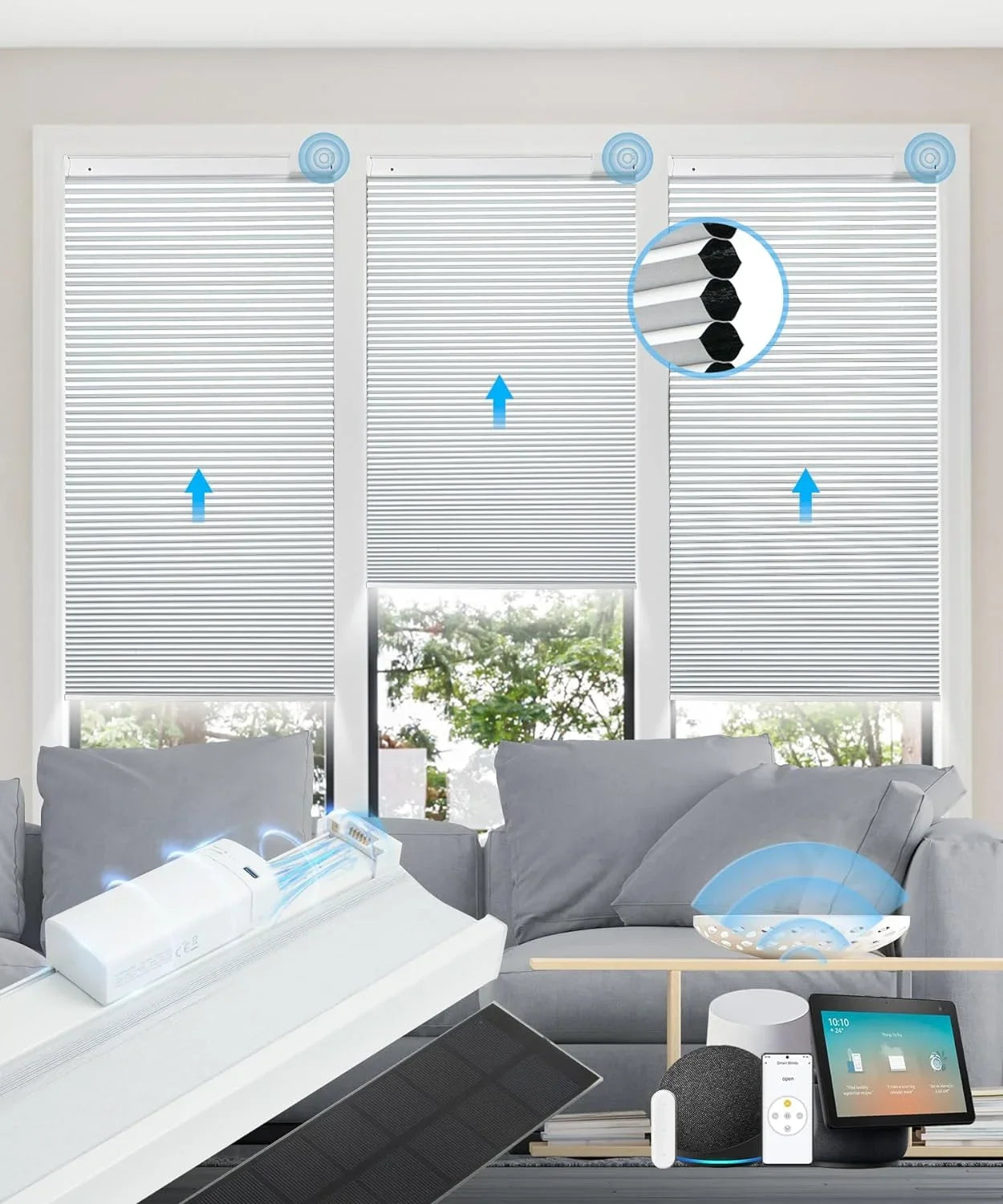 Cordless Cellular Honeycomb 29" Magnetic Panel¡¿ Alexa Motorized Remote, Blinds, Shades Solar Electric with 100% Powered Rechargeable Automatic Google¡¾Free with Blackout H, Wx64 Blinds White Solar