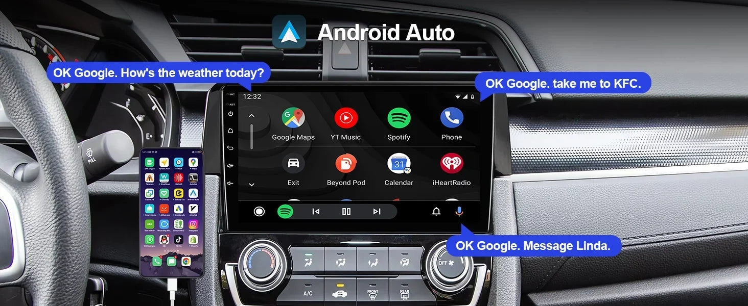 10 Android Radio Car Wheel Inch Din 2016-2020 Honda Touchscreen Built-in Backup Wireless 9 Civic Camera Double Carplay/Android with Auto/GPS/Bluetooth/FM/AUX-in/Steering Stereo Control for 2+32G