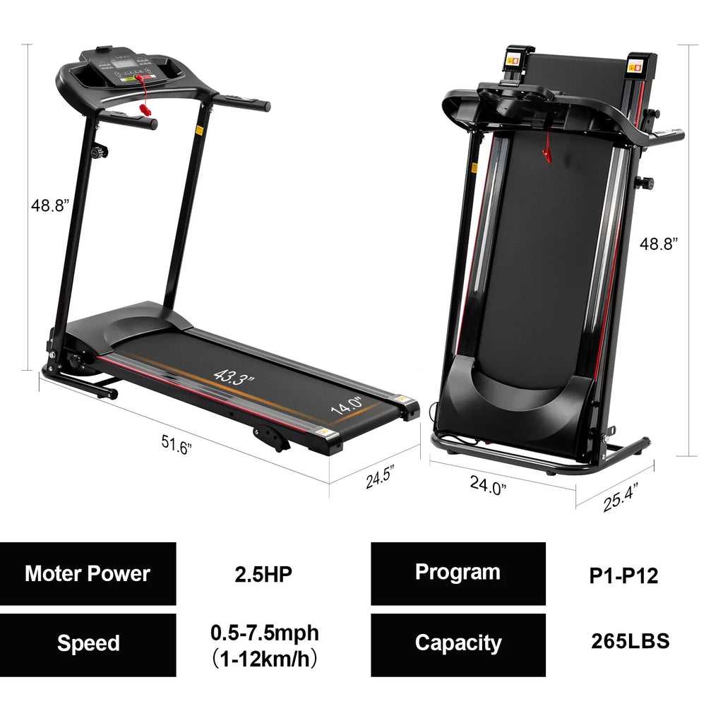 Machine Gym Electric Running Incline Treadmill Folding Sensor Exercise Bluetooth Treadmill Rate 2.5HP Holder Fitness Music Home Cup Foldable, for Indoor 12KM/H Walking with Heart for Home