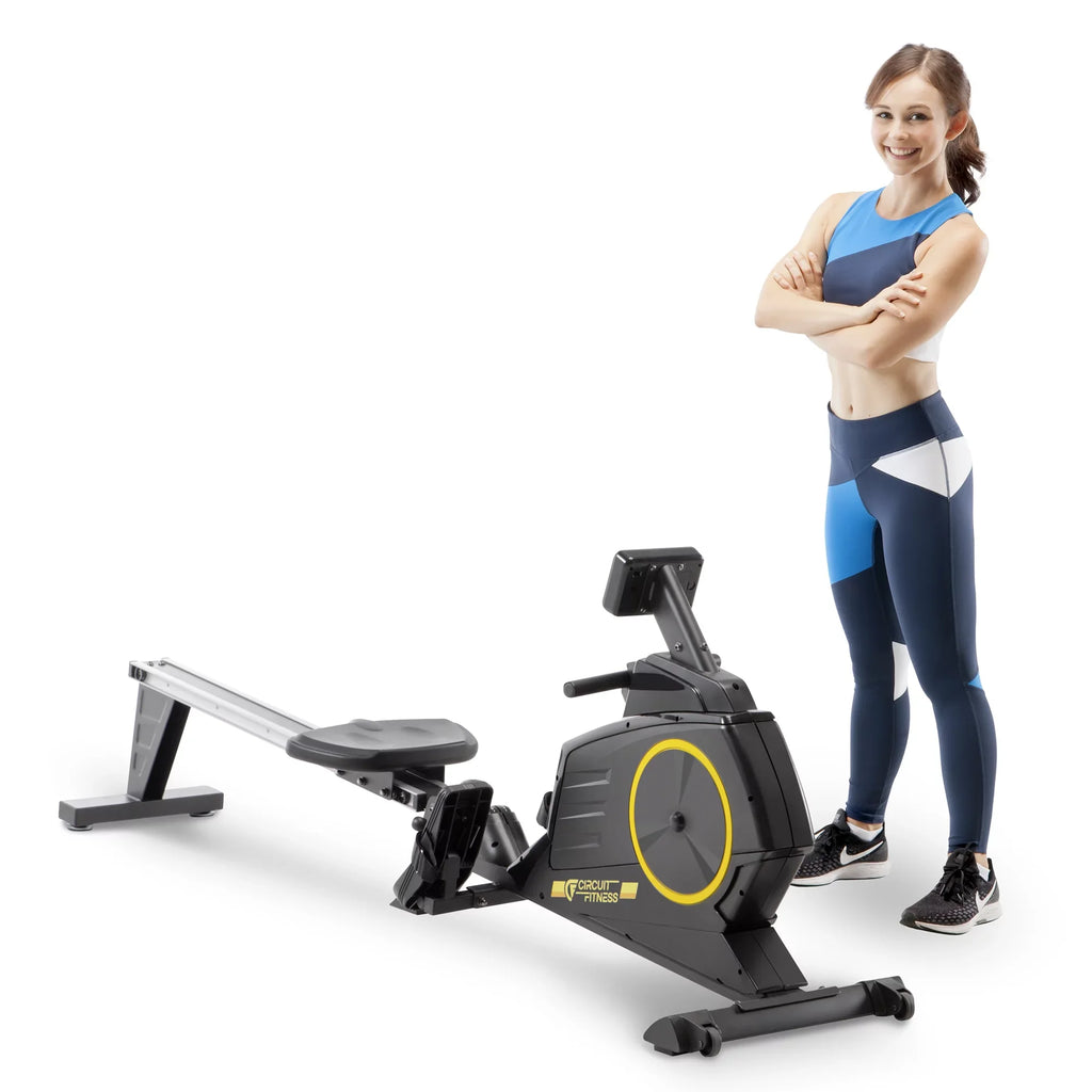 with Monitor 8 CIRCUIT Foldable Deluxe Wheels/LCD Machine AMZ-986RW Settings/Transport Magnetic Resistance Rowing FITNESS